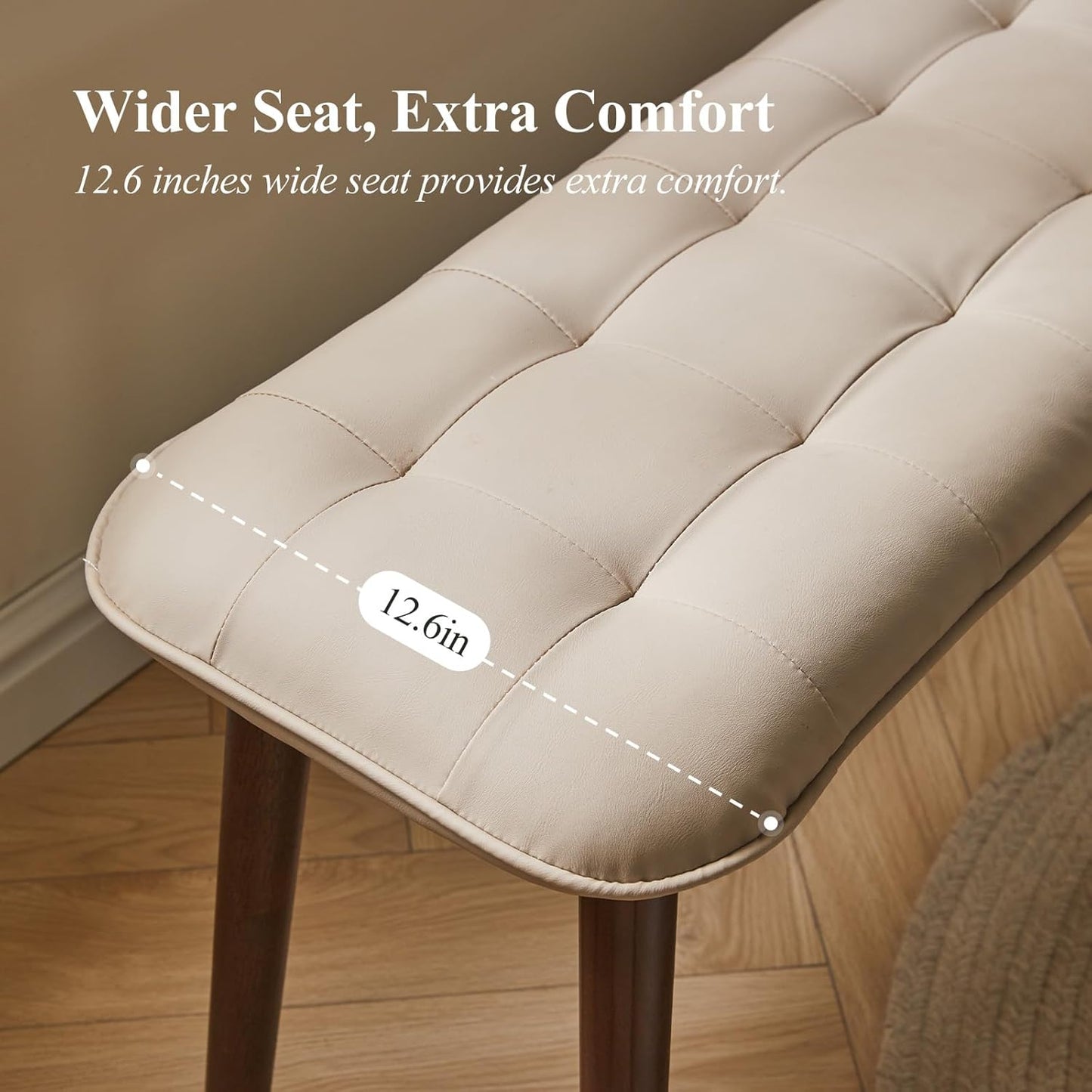 Entryway Bench, Solid Wood Dining Bench, Midcentury End of Bed Bench with PU Leather Padded Seat, Bedroom Bench, 47.24" L x 12.6" W x 17.72" H (Beige)