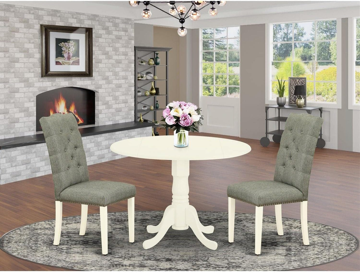 East West Furniture DLEL3-WHI-07 3 Piece Modern Dining Table Set Contains a Round Wooden Table with Dropleaf and 2 Gray Linen Fabric Parson Dining Room Chairs, 42x42 Inch, Linen White