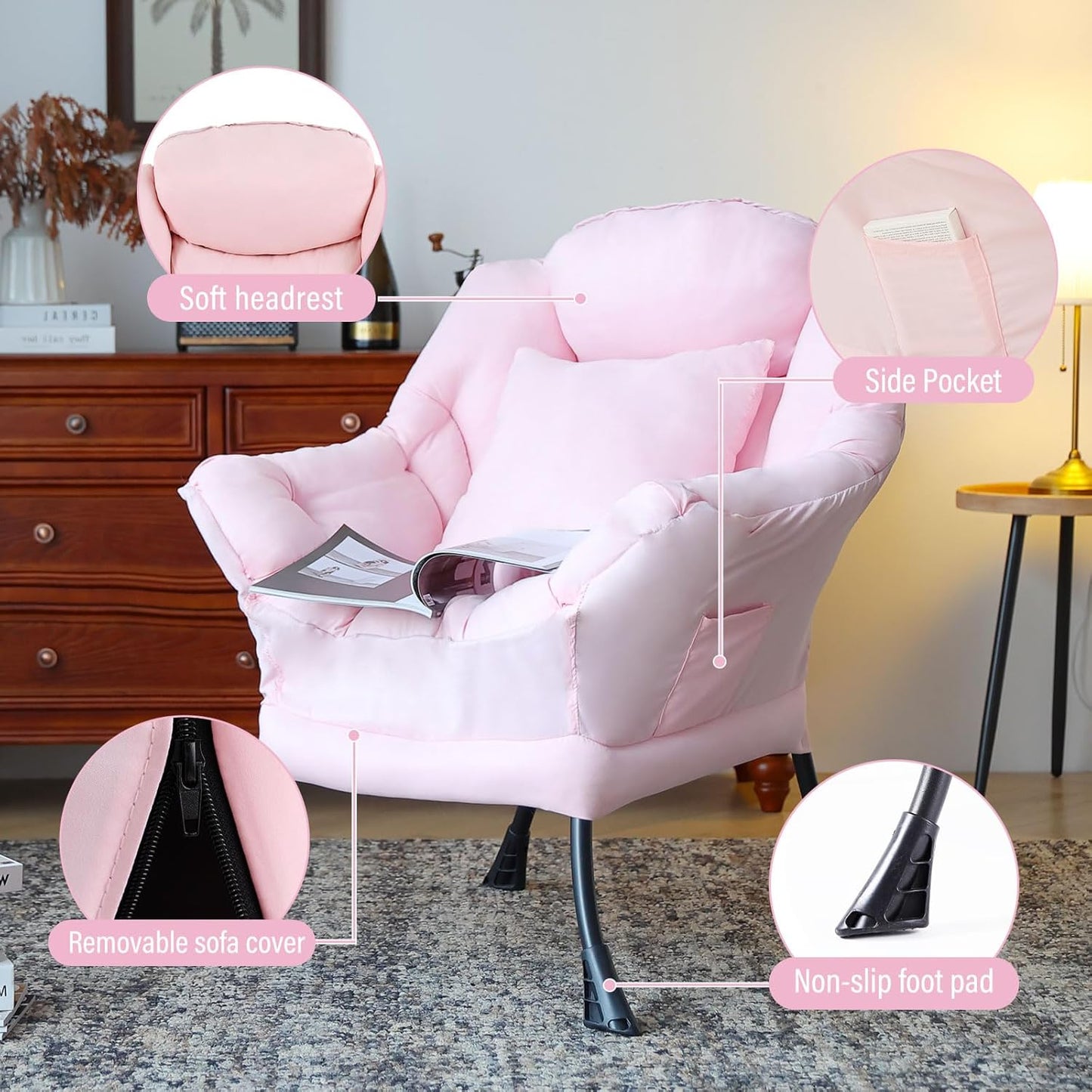 Lazy Chair with Pillow for Living Room, Modern Lounge Accent Chair with Armrests and a Throw Pillow, Leisure Sofa Chair Set, Reading Chair for Bedroom, Dorm Room, Office, Pink