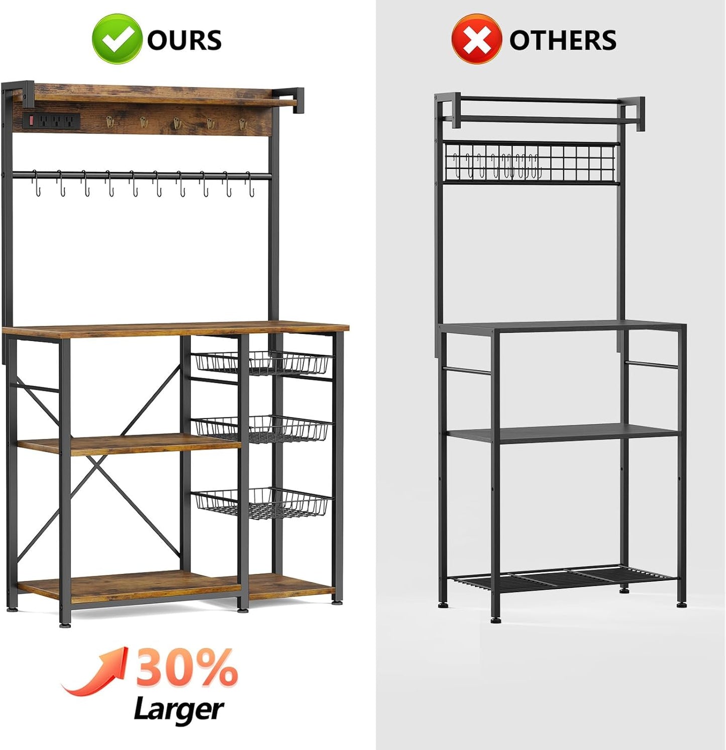 Large Bakers Rack with Power Outlets 38.8 Inches, 15 Hooks Coffee Bar with 3 Wire Basket, Microwave Stand Kitchen Storage Shelf for Spices, Cups, Pots, 38.8 x 16.3 x 62.2 in, Rustic Brown