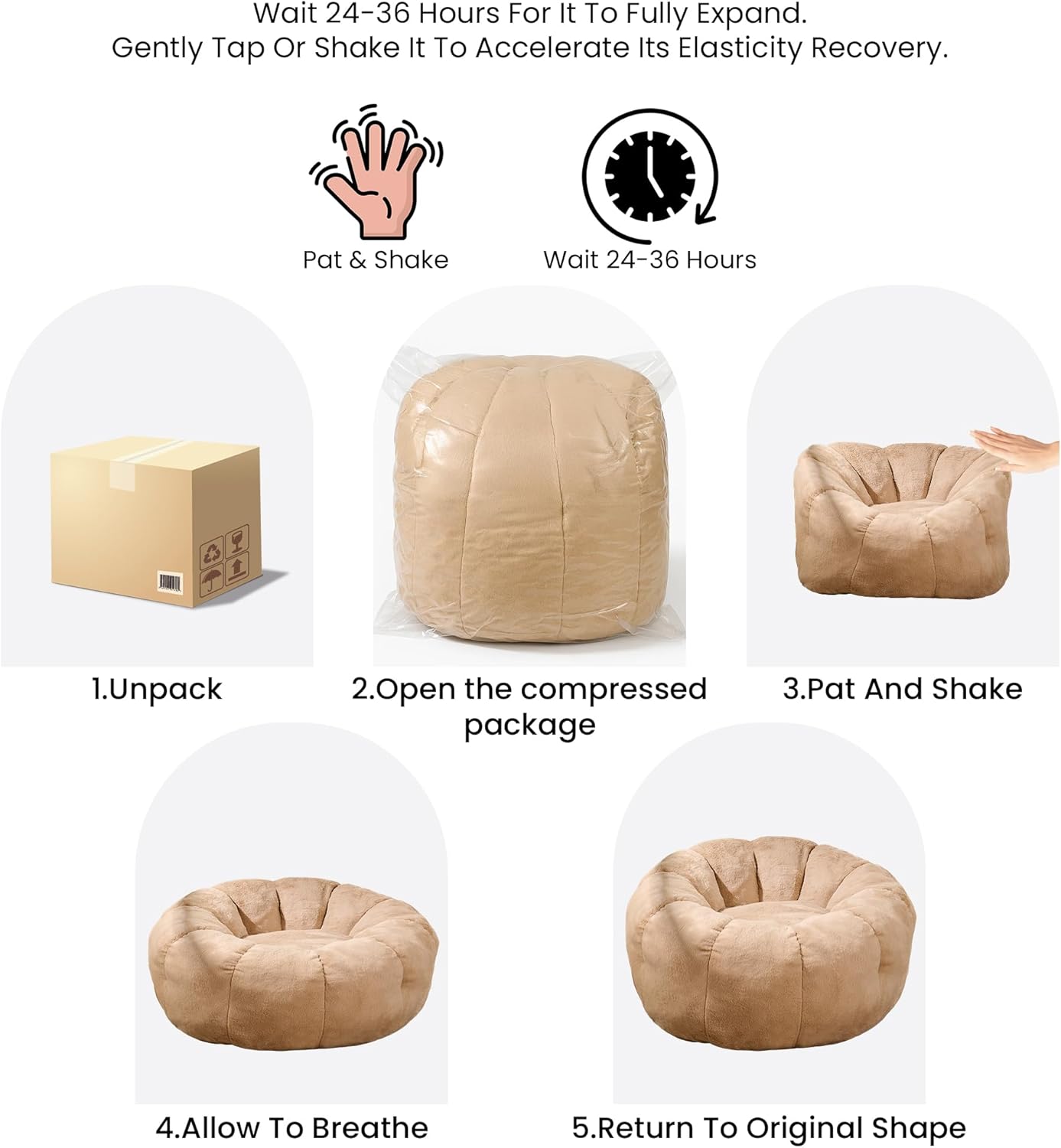 Bean Bag Chair with Filler Included, Faux Fur Comfy Chair with Petal Arm Rest Fluffy Reading Chair for Bedroom, Living Room, Dorm, Game - Taupe, Large, Low Support