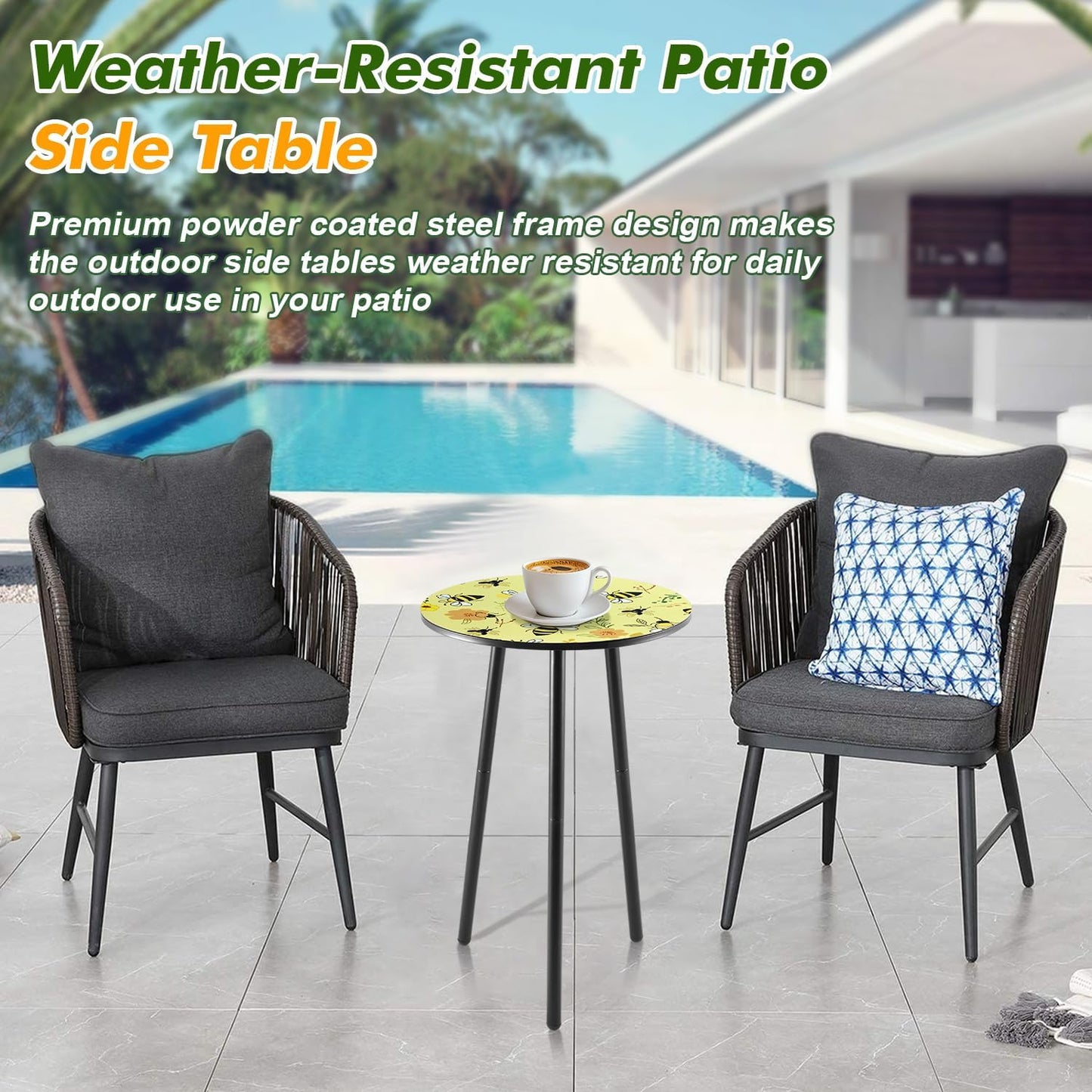 2 Packs Metal Mosaic Round Side Table 13.2" Small Outdoor Patio Round Accent Coffee Tables Indoor Corner Stand for Small Spaces Weather-Resistant for Balcony Plant Stand, Yellow Bee