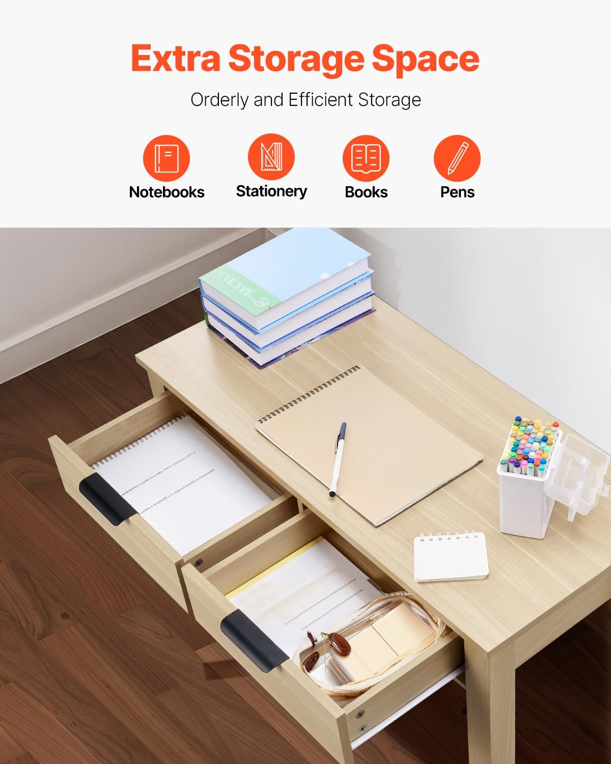 VEVOR Small Desk with Drawers, Wooden Table for Home Office, Small Computer Desk with Storage, Vanity Desk with Drawers, Study Table for Adults/Students for Drawing, Reading, Writing, Light Wood