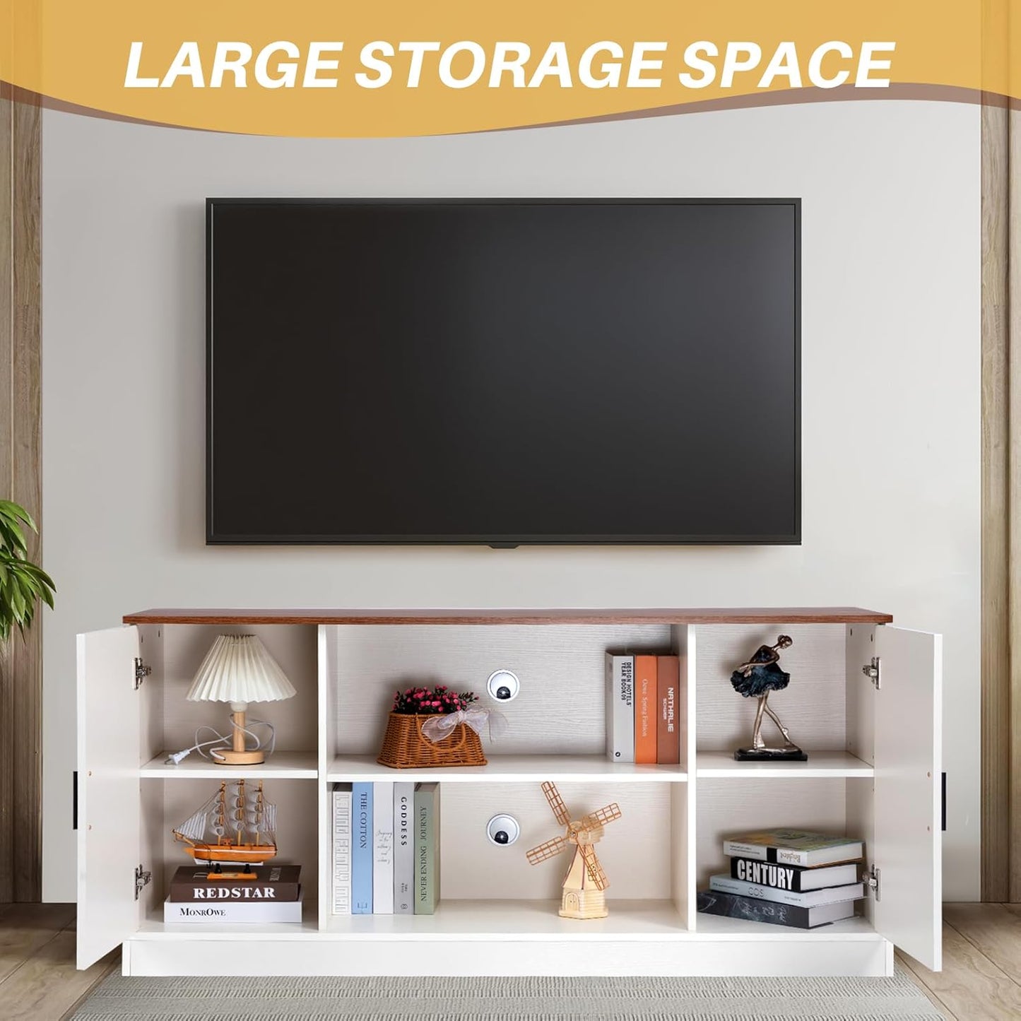 HollyHOME Farmhouse TV Stand for Televisions up to 65”, Wood Entertainment Center with Storage Cabinets and Adjustable Shelves, Media TV Console Table for Living Room and Bedroom, White