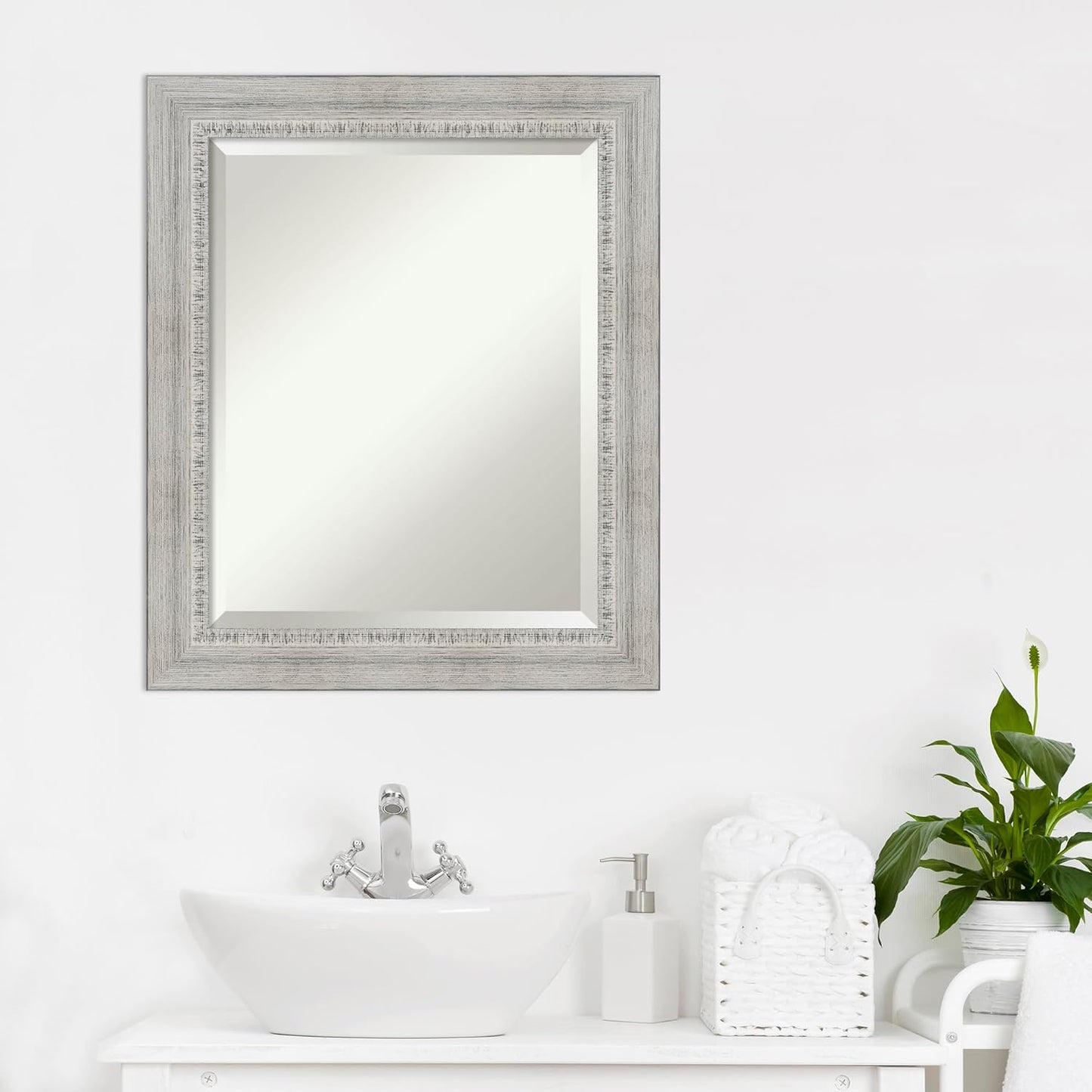 Amanti Art White Bathroom Mirror for Over Sink, 25x21 Rustic White Wash Rectangle Vanity Mirror, Small Rustic Farmhouse Wood Frame, Hangs Horizonally and Vertically, Bathroom Wall Decor, Beveled Edge