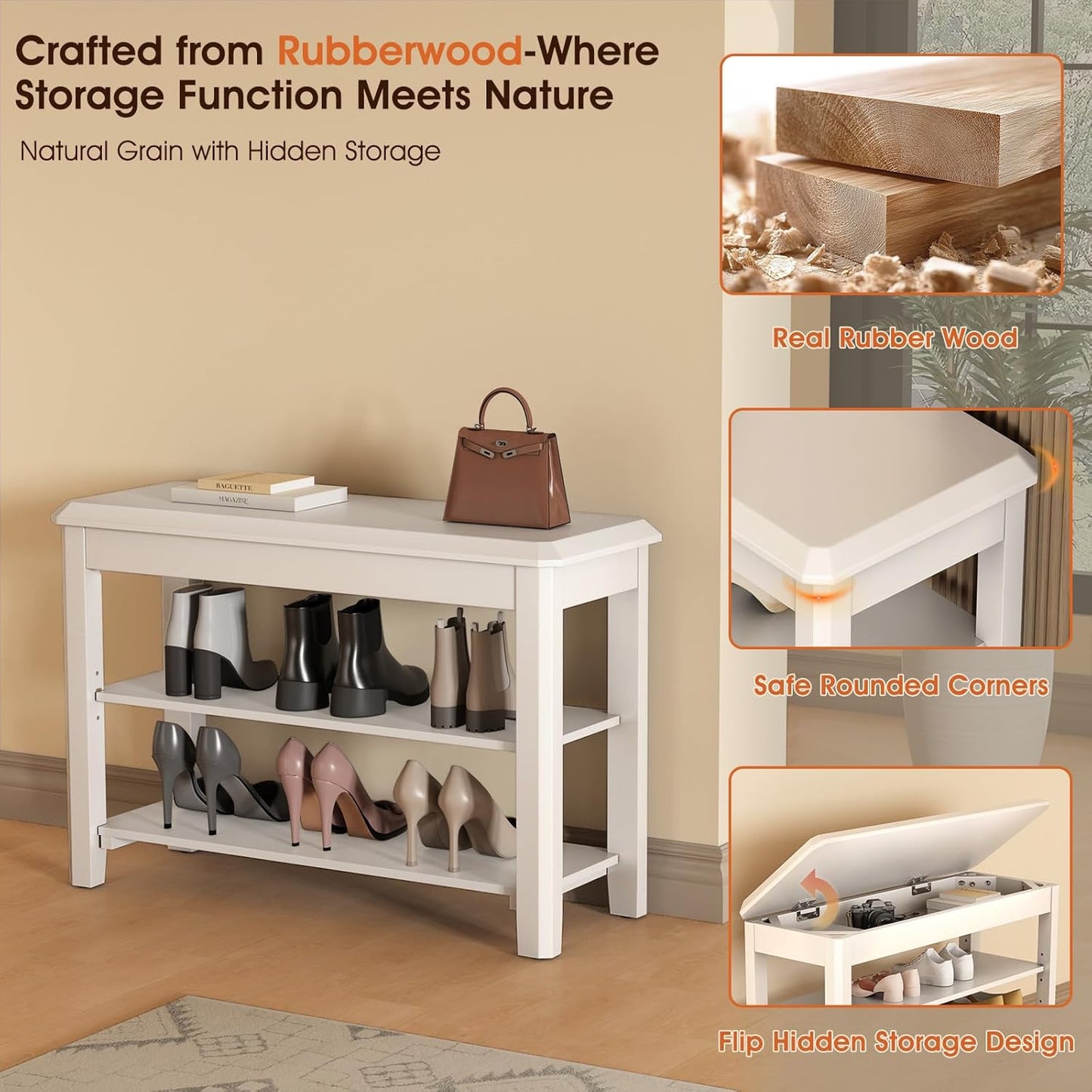 Shoe Rack Bench Seat Rubberwood 2-Tier Wooden Storage Bench 550lbs Compact Mid-Century Modern Design for Entryway, Hallway, Closet, Front Door Entrance, Foyer