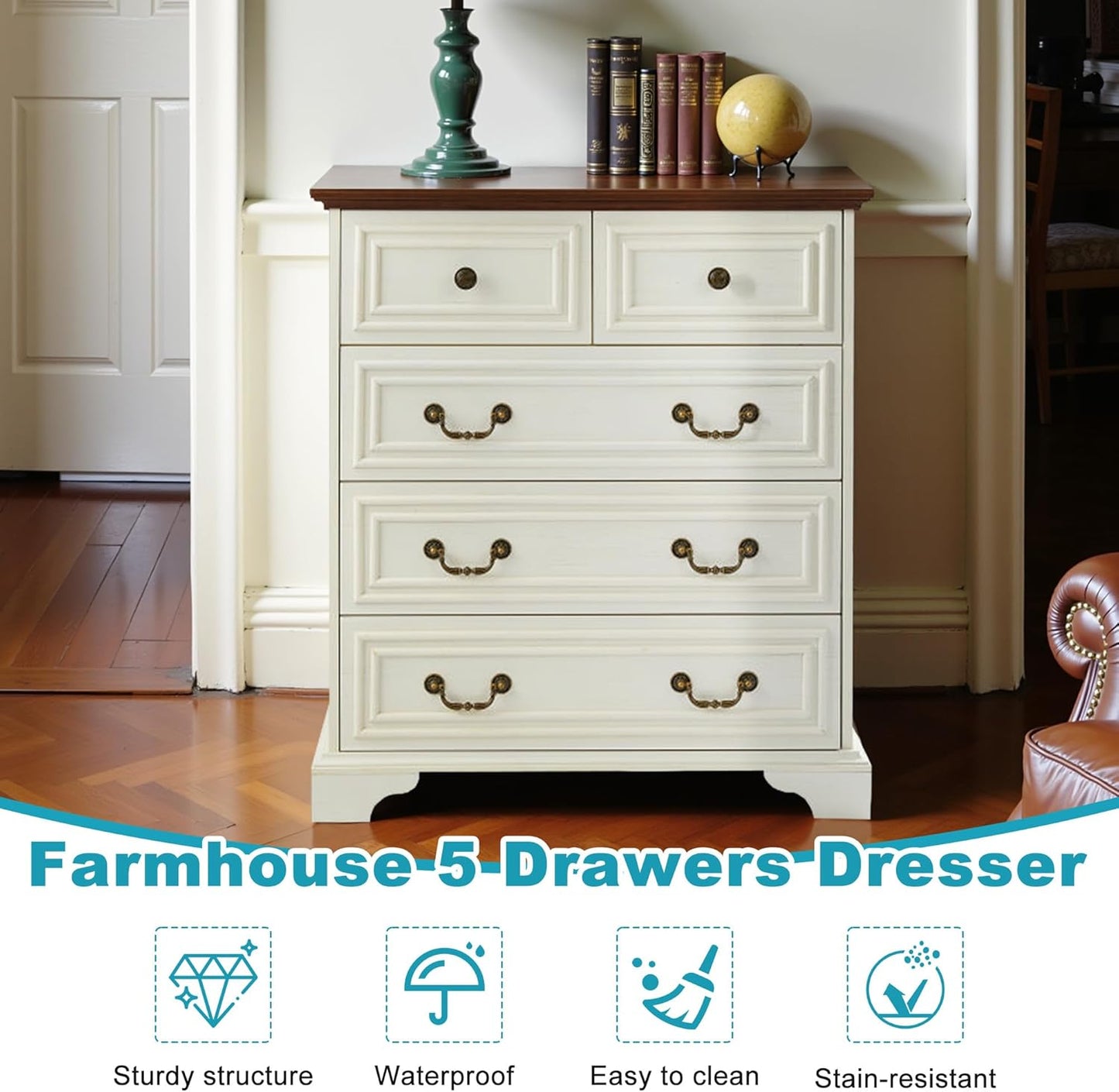 31.5" Farmhouse Sideboard Buffet Cabinet with Storage, Kitchen Buffet Storage Cabinet with 5 Drawers, Modern Wood Accent Sideboard for Living Room, Kitchen, Hallway(Antique Brown+White)