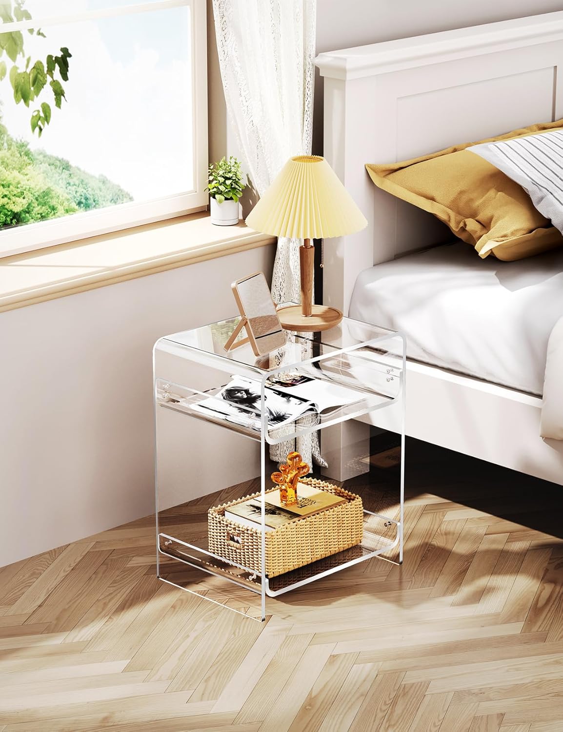 Acrylic Record Player Table with Storage Shelf, Clear Side Table Nightstand (Clear)