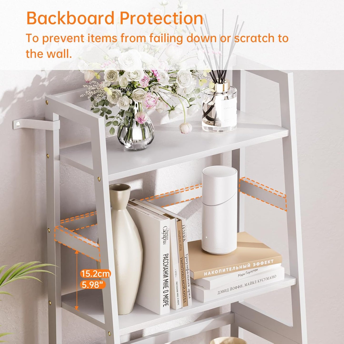 HITNET Ladder Shelf, 4 Tier Bookshelf, Floor Standing Bathroom Storage Rack with Bamboo Frame, Home Office Open Display Bookcase, White