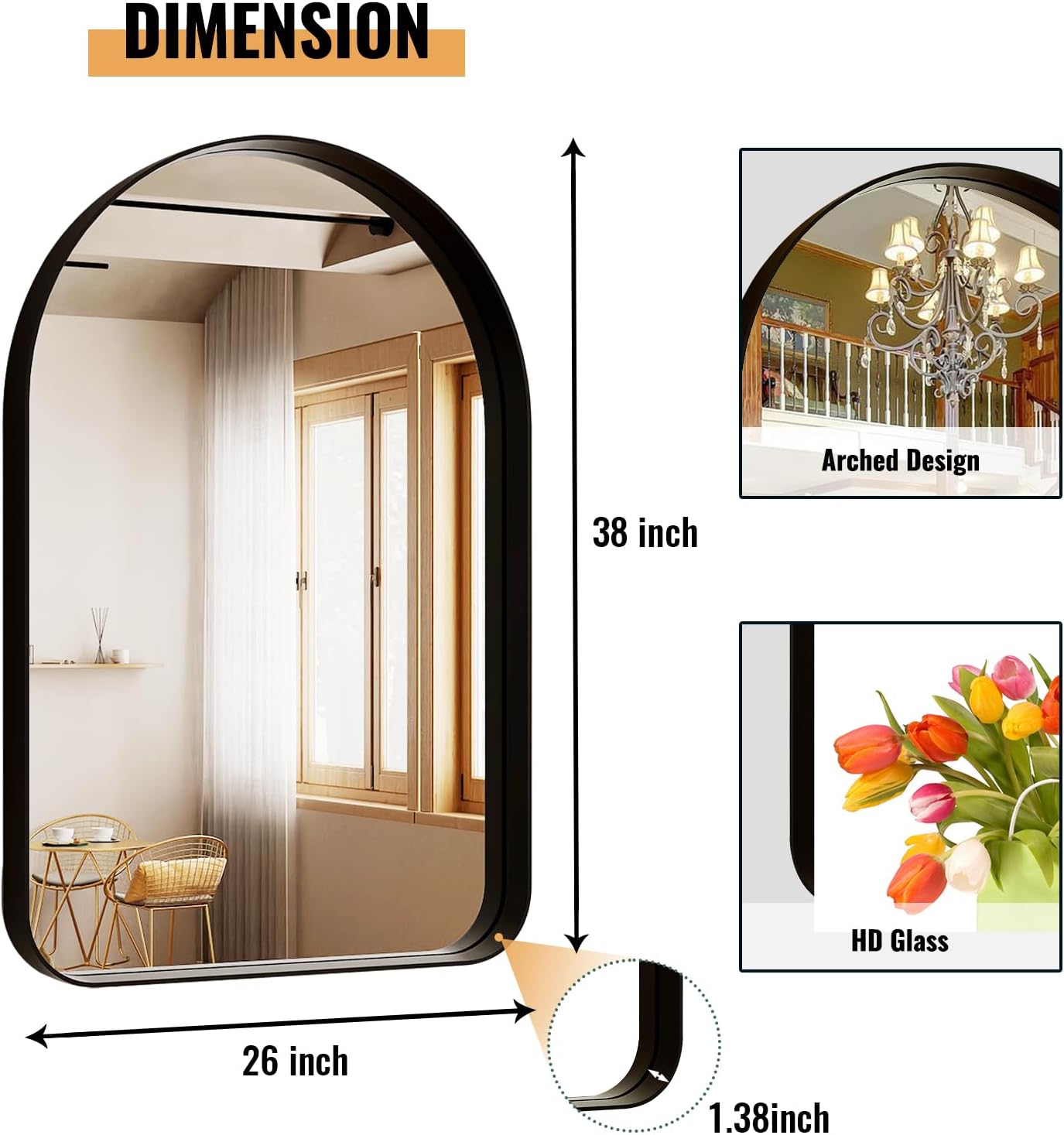 38"x26" Arched Bathroom Mirror - Modern Black Mirror for Wall with Rounded Corners, Bathroom Mirror for Vanity, Aluminum Alloy Framed Mirror - for Living Room, Bedroom, Cloakroom