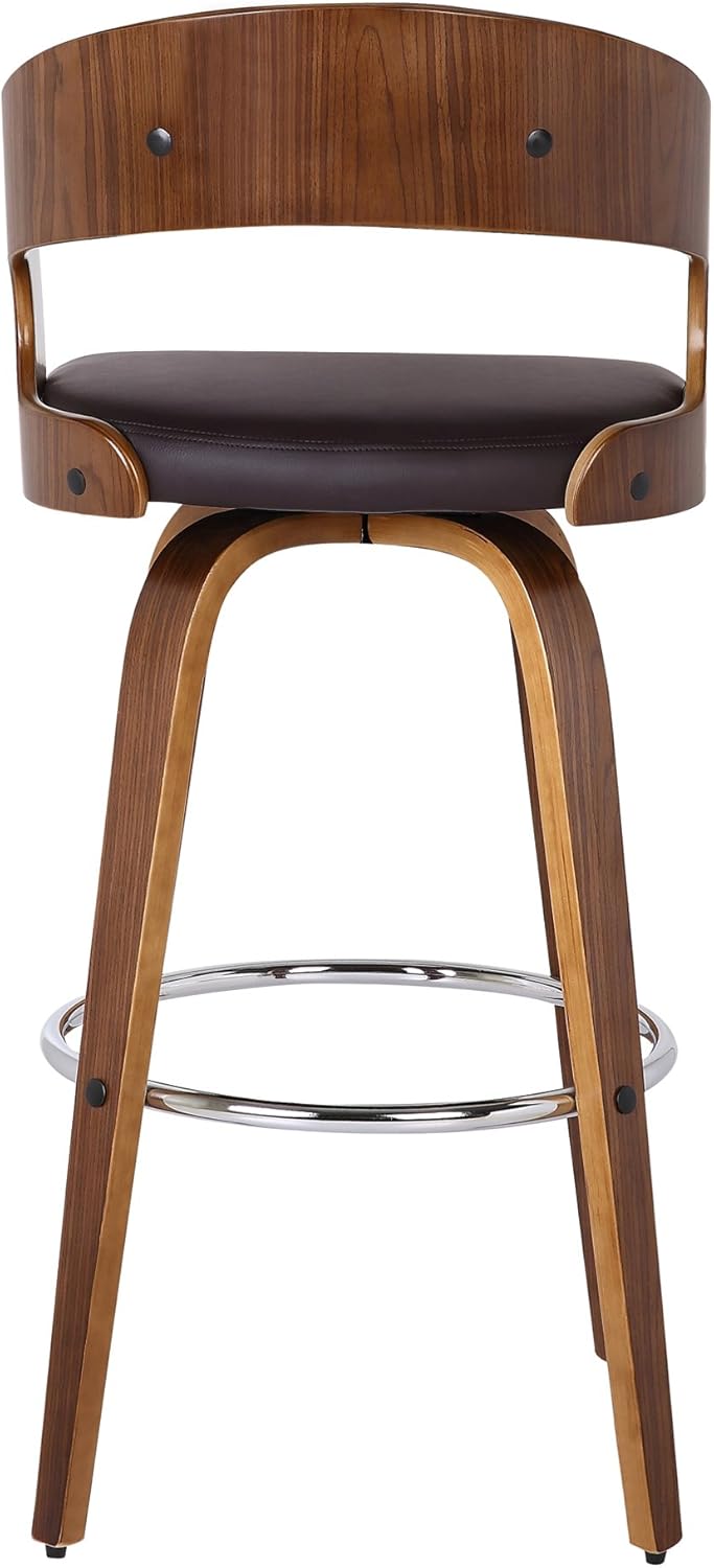 Armen Living Shelly 26" Counter Height Swivel Brown Faux Leather and Walnut Wood Bar Stool - Set of 2