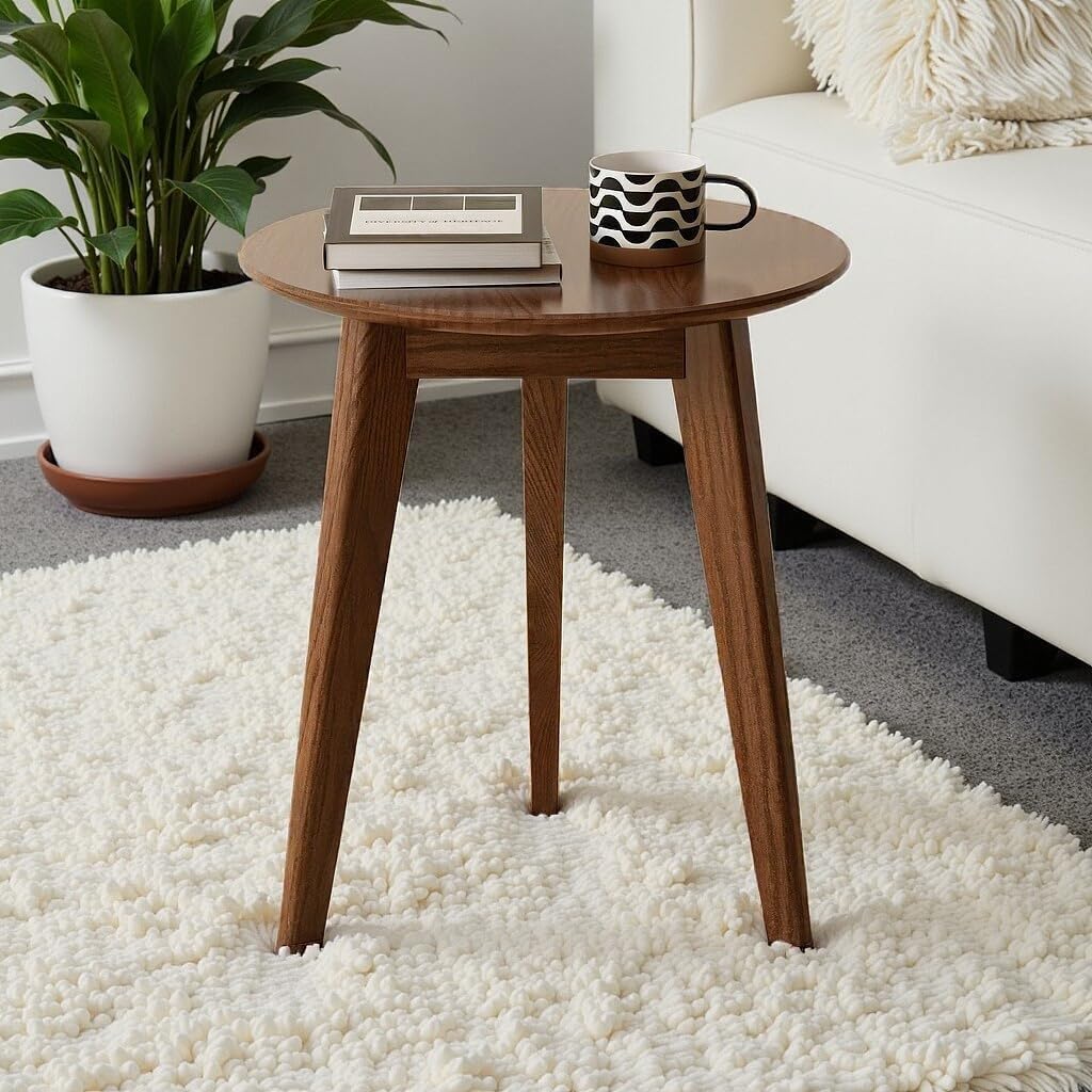 100% Solid Oak Round Side Table Set of 2, Small Bedside Table for Small Spaces, Living Room End Table with Stable Frame, Modern Nightstand for Bedroom Couch(Walnut, 17.71" D x 19.68" H)