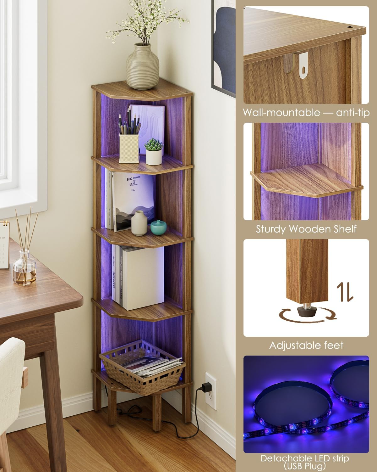 Corner Shelf, 5 Tier Corner Bookshelf with LED Light,Wall Display Corner Shelf Stand with Storage Rack for Living Room,Bedroom,Office,Walnut