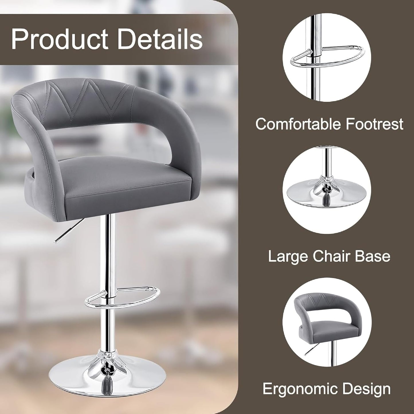 VECELO Bar Stools Set of 4 Adjustable Swivel Modern Pu Leather Barstools, Counter Bar Stools with Back and Arms, for Kitchen, Bar (Light Gray)