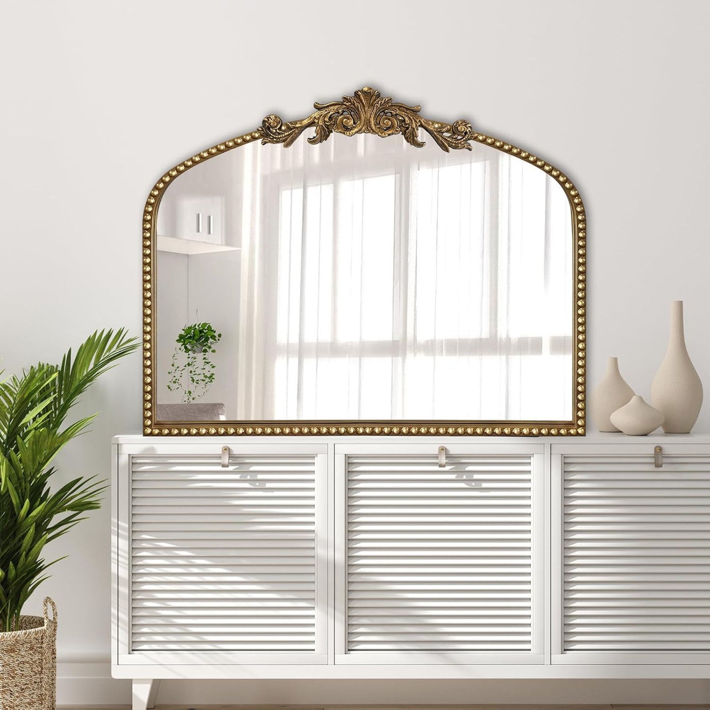 Baroque Arch Mirror for Living Room Wall, 36" X 30" Antique Gold Traditional Cathedral Ornate Beaded Arched Frame Decorative Vanity Mirrors for Mantel Fireplace, Bathroom, Bedroom Decor