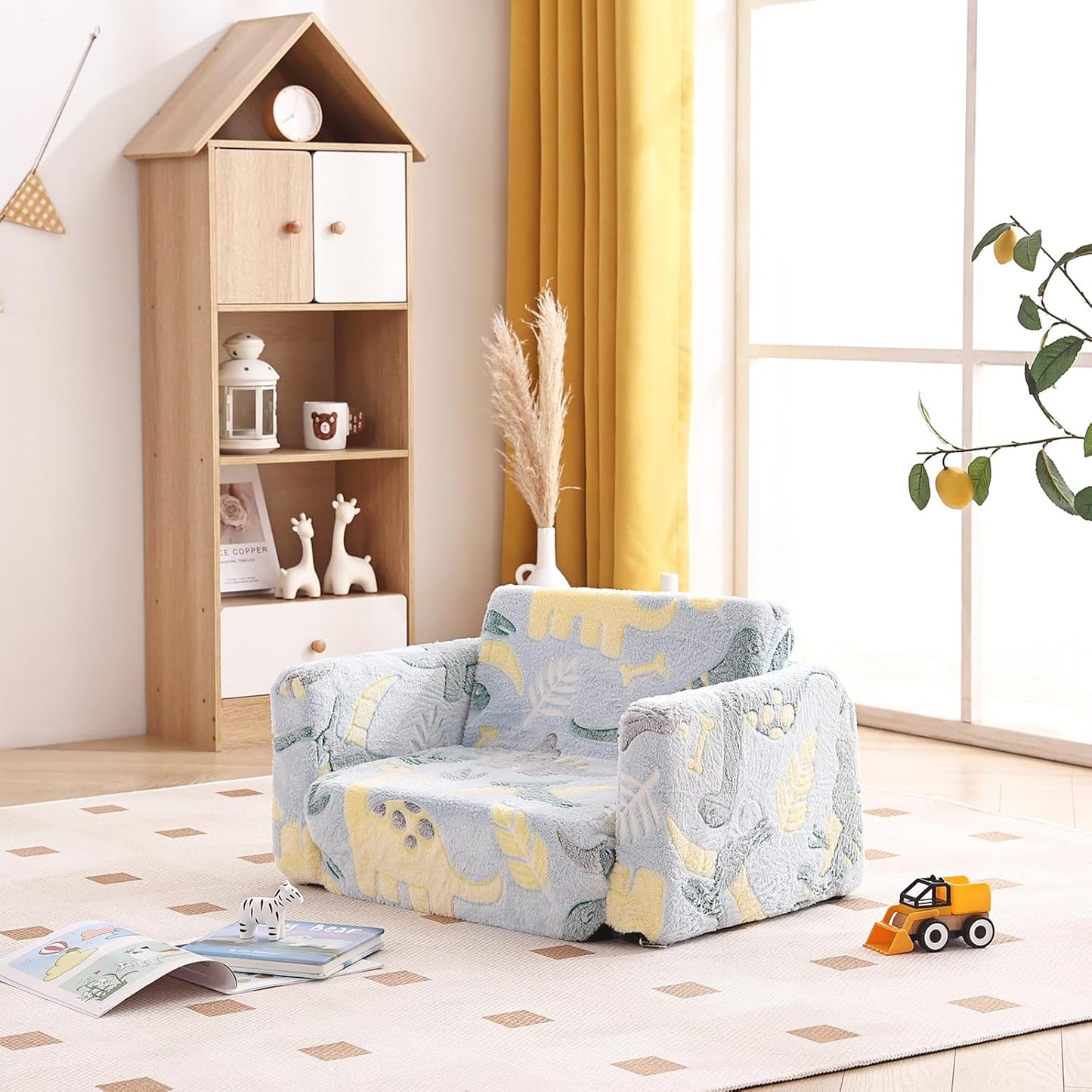 Tiita Kids Sofa, 2-in-1 Kid Sofa, Convertible Children Couch to Lounger, Flip Out Kids Chair, Glow in The Dark Toddler Armrest Chair Bed for Girl or Boy (Grey Dinosaur)