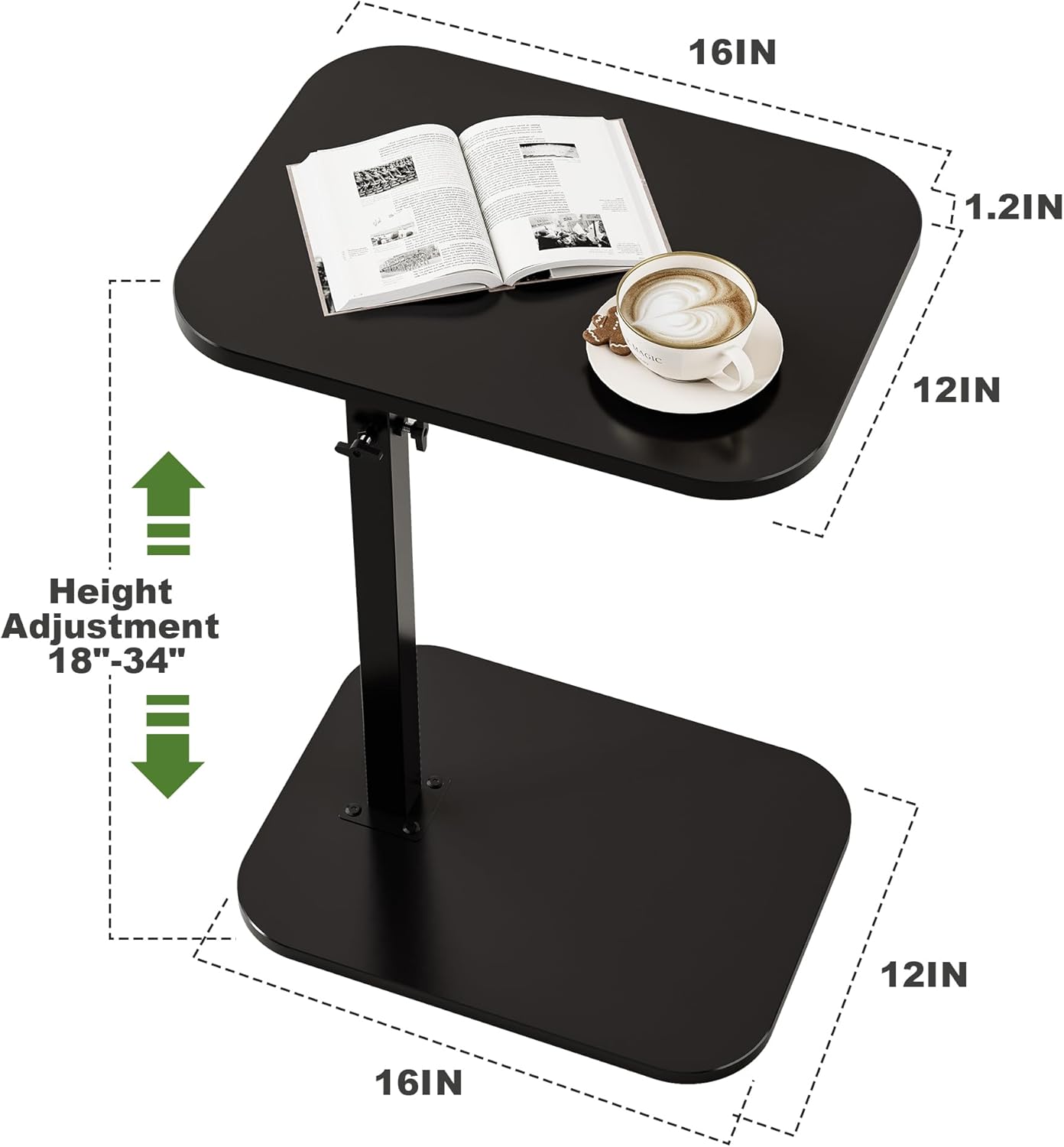 C Shaped End Table, Adjustable Height Couch Side Table, Horizontal 360°Swivel Small Couch Side Tables That Slide Under, C Shaped End Table TV Tray Table for Couch(Black)