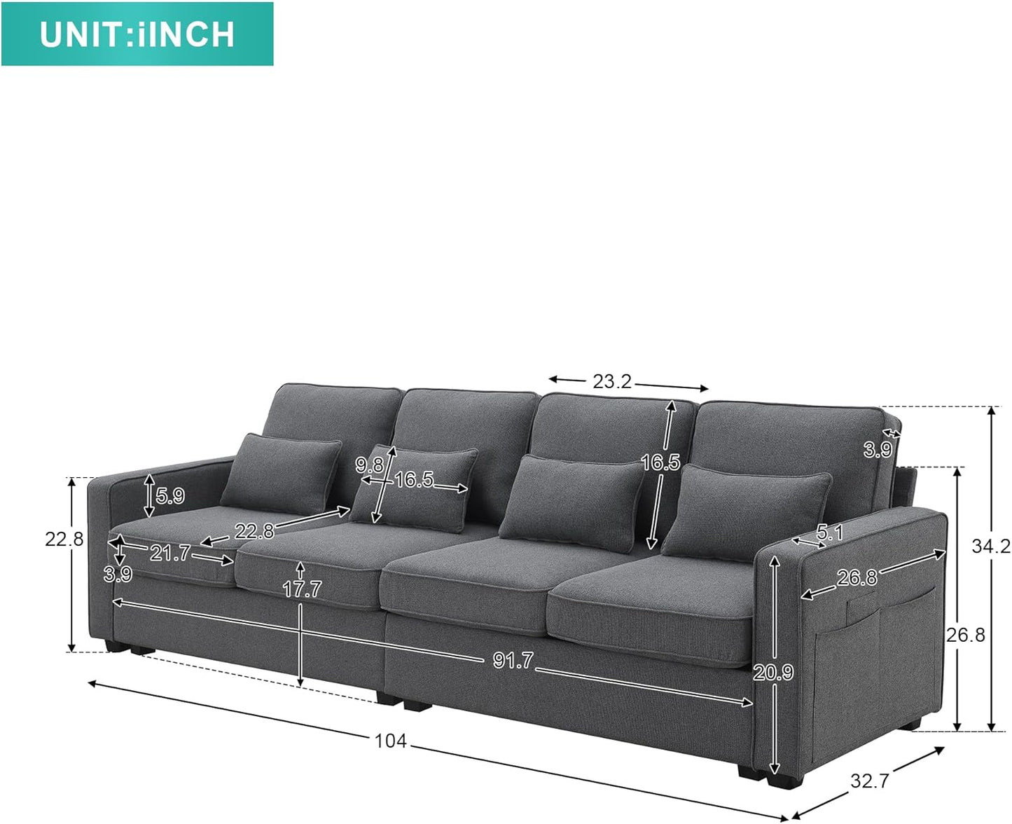104" 4-Seater Modern Linen Fabric Sofa with Armrest Pockets,Minimalist Style Wood Frame Couch,w/ 4 Pillows,for Living Room,Apartment,Office,Dark Grey