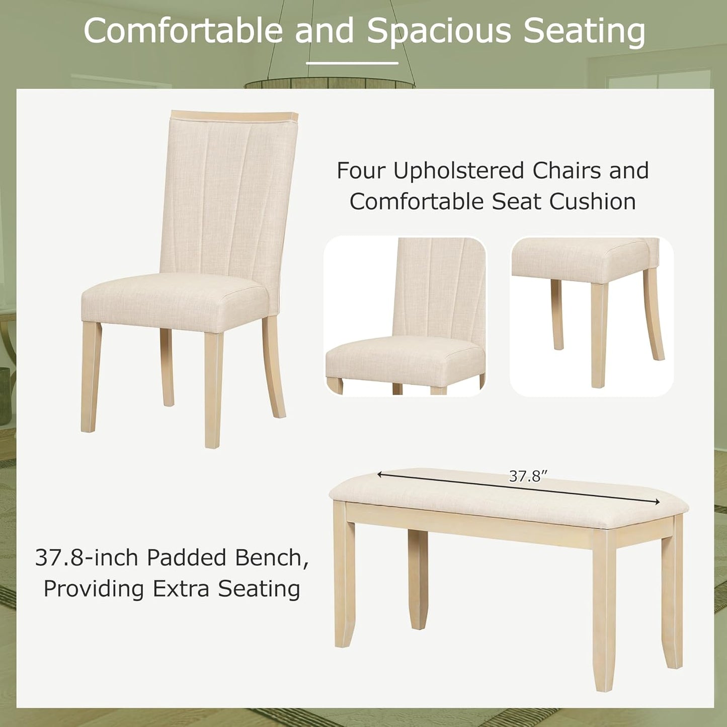 Ball & Cast 6 Piece Dining Table Set with 4 Upholstered Chairs & 1 Bench,Wooden Living Room Furniture for 6 W/ 78" Rectangle Kitchen Desk,for Restaurant,Home Bistro,Natural+Beige