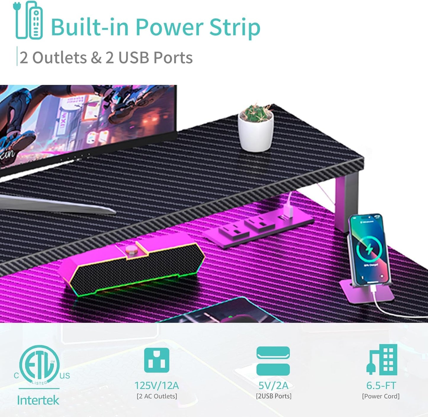 Lufeiya Gaming Desk with Power Outlets and LED Lights, 40 Inch Gamer Desk Table with Charging Station, Home Office Computer Desks with Monitor, Black