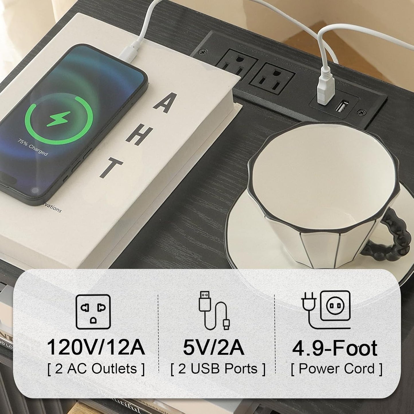 Black Nightstand with Charging Station, Mid Cetury Modern Nightstand with Drawers, Fluted End Side Table with Solid Wood for Bedroom, Dorm and Small Space (Black)