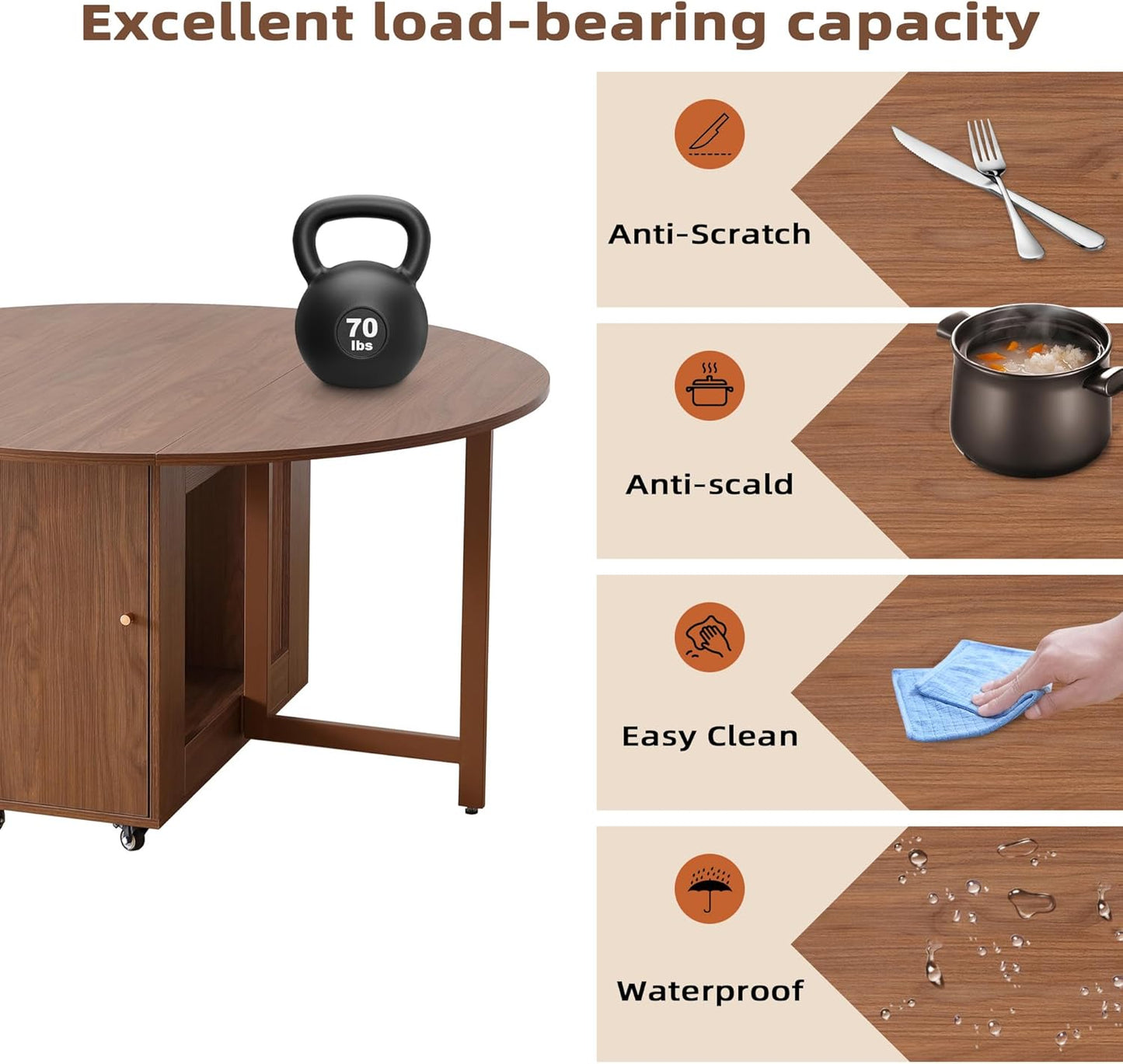 47.3" Round Folding Dining Table for 4-8, Wood Kitchen Foldable Table Large Drop Leaf Dinner Table with Storage Shelf Metal Legs for Home Dining Room Living Room in Walnut