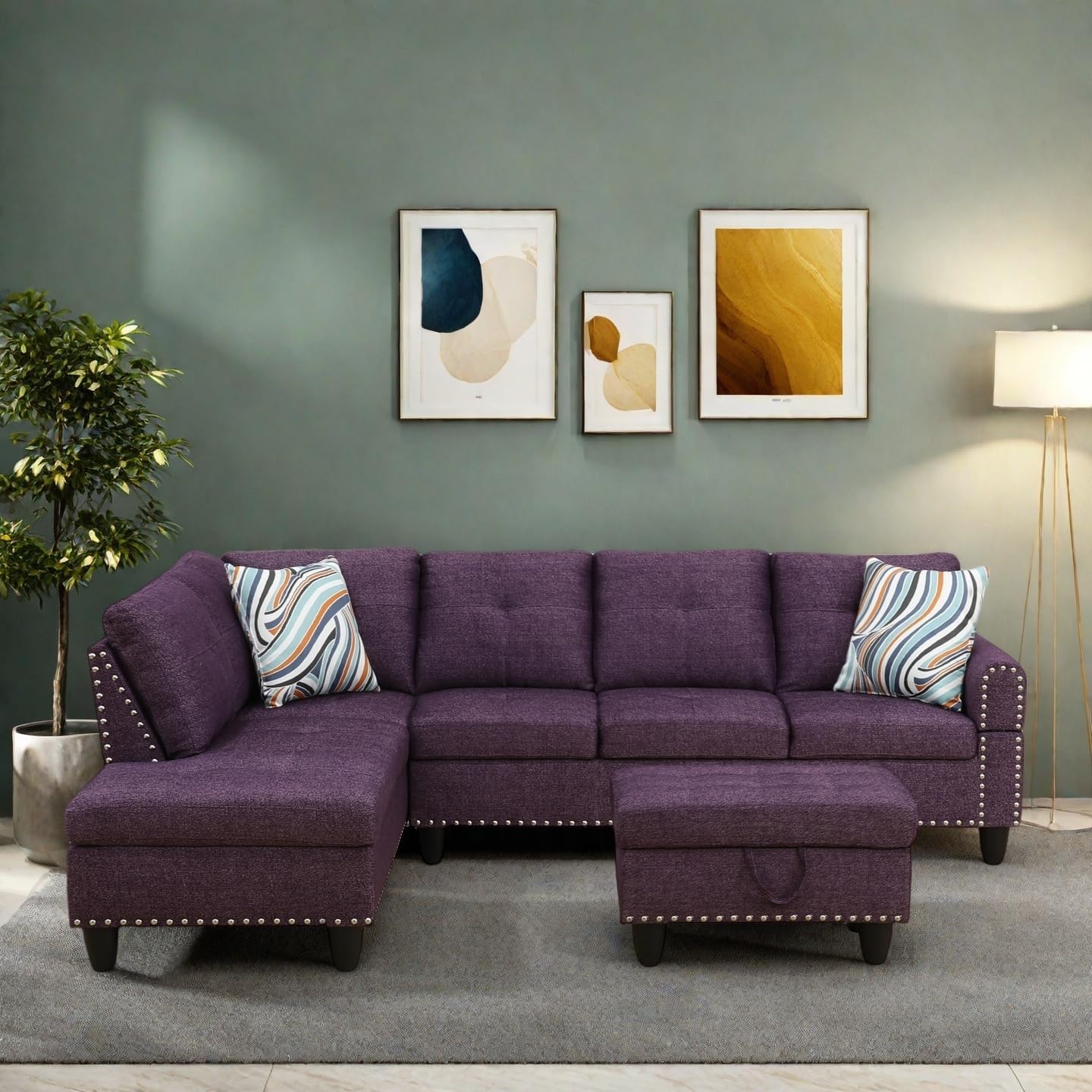 Modern Living Room Furniture Sets with Cup Holder, Modular Sectional Couches with Chaise Lounge, 4-Seaters L Shape Sofa with Storage Ottoman, for Living Room, Apartment, Purple