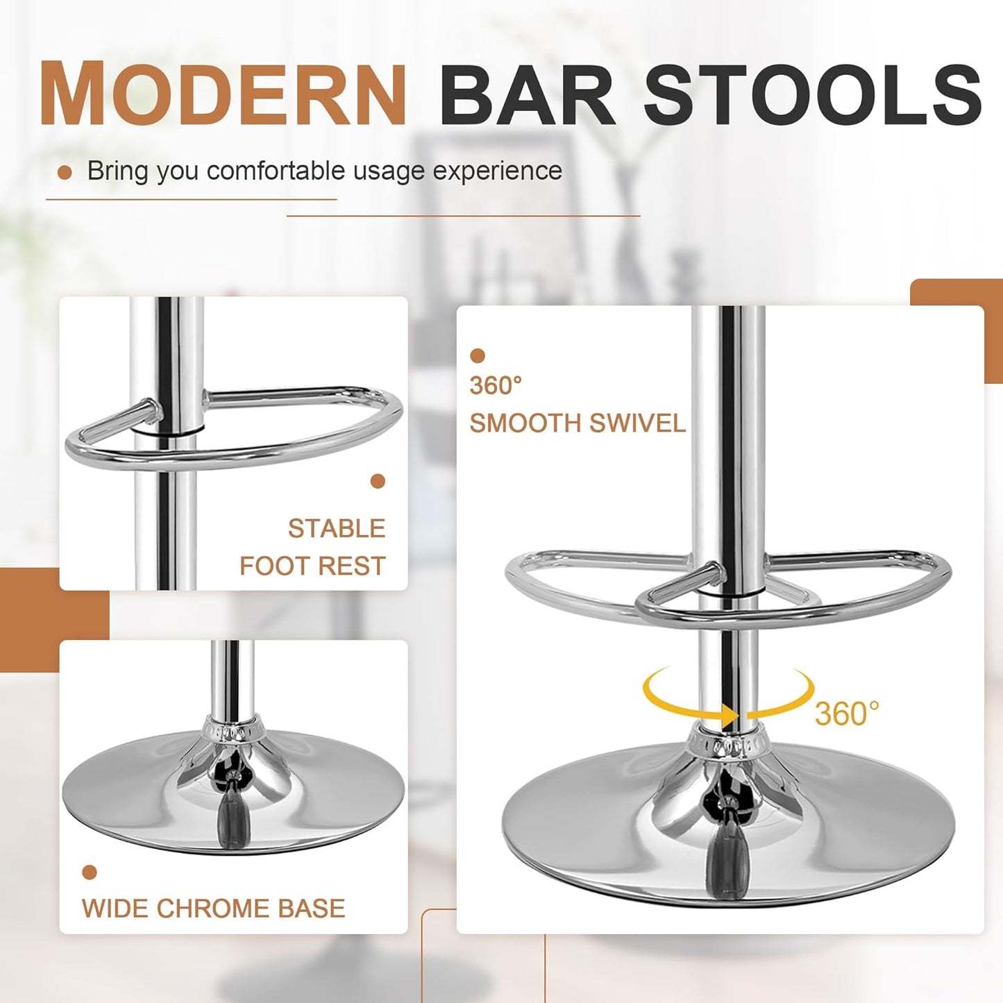 VECELO Adjustable Bar Stools Set of 2, Bar Height Stools for Kitchen Counter,Brown