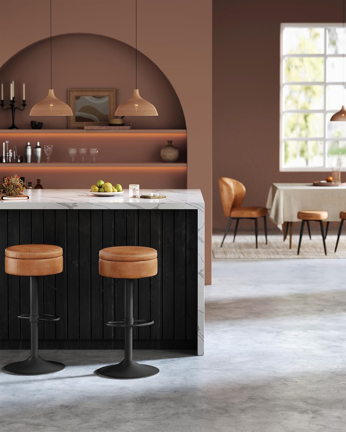 VASAGLE EKHO Collection - 360° Swivel Bar Stools Set of 2, Height Adjustable Barstools with Storage, Synthetic Leather with Stitching, Mid-Century Modern, Kitchen Bar, Easy Assembly, Caramel Brown