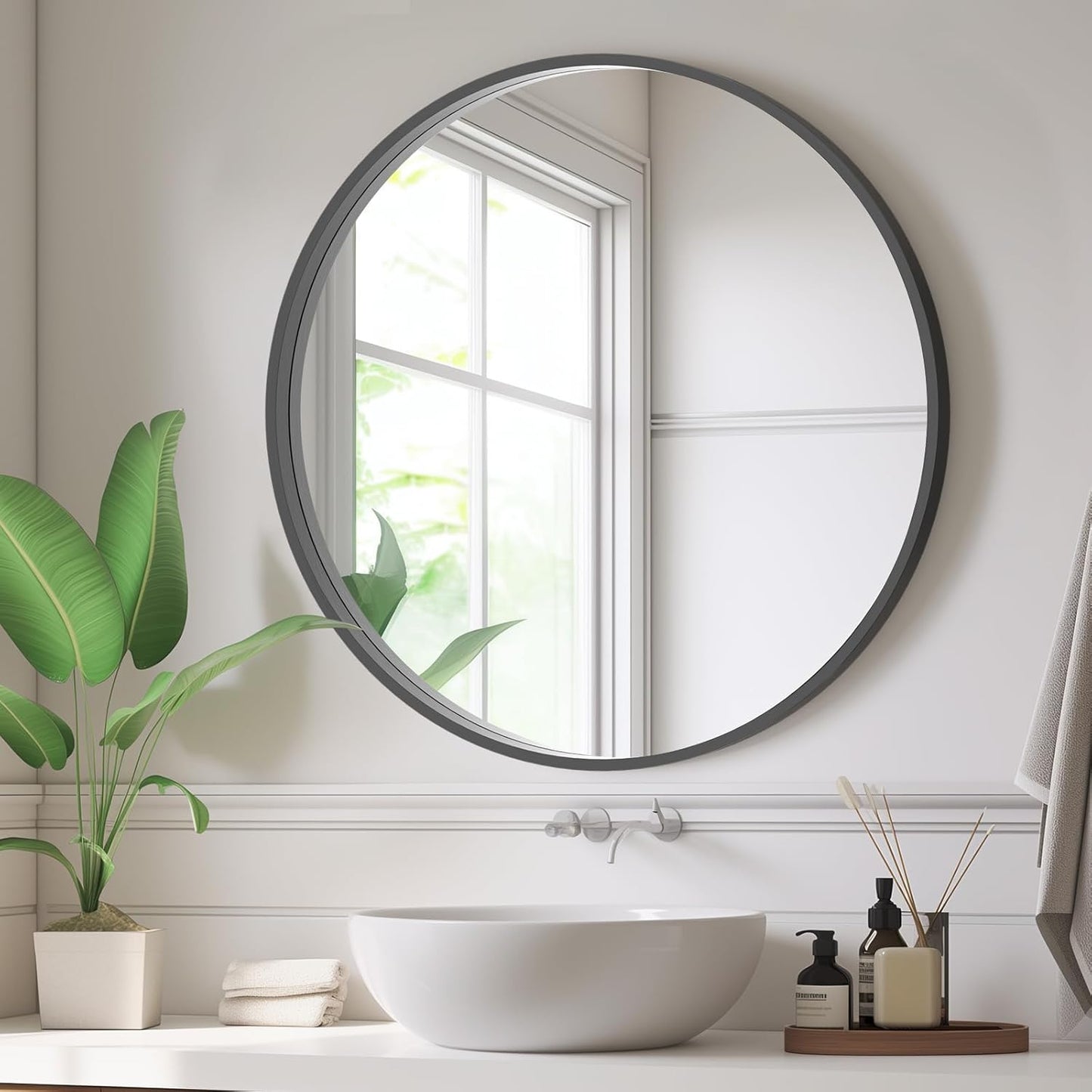 HOMECOOKIN Round Wood Mirror, 24" Round Bathroom Wall Mirror Circle Mirrors for Wall Decor, Vanity, Living Room, Bedroom, Entryway, Black