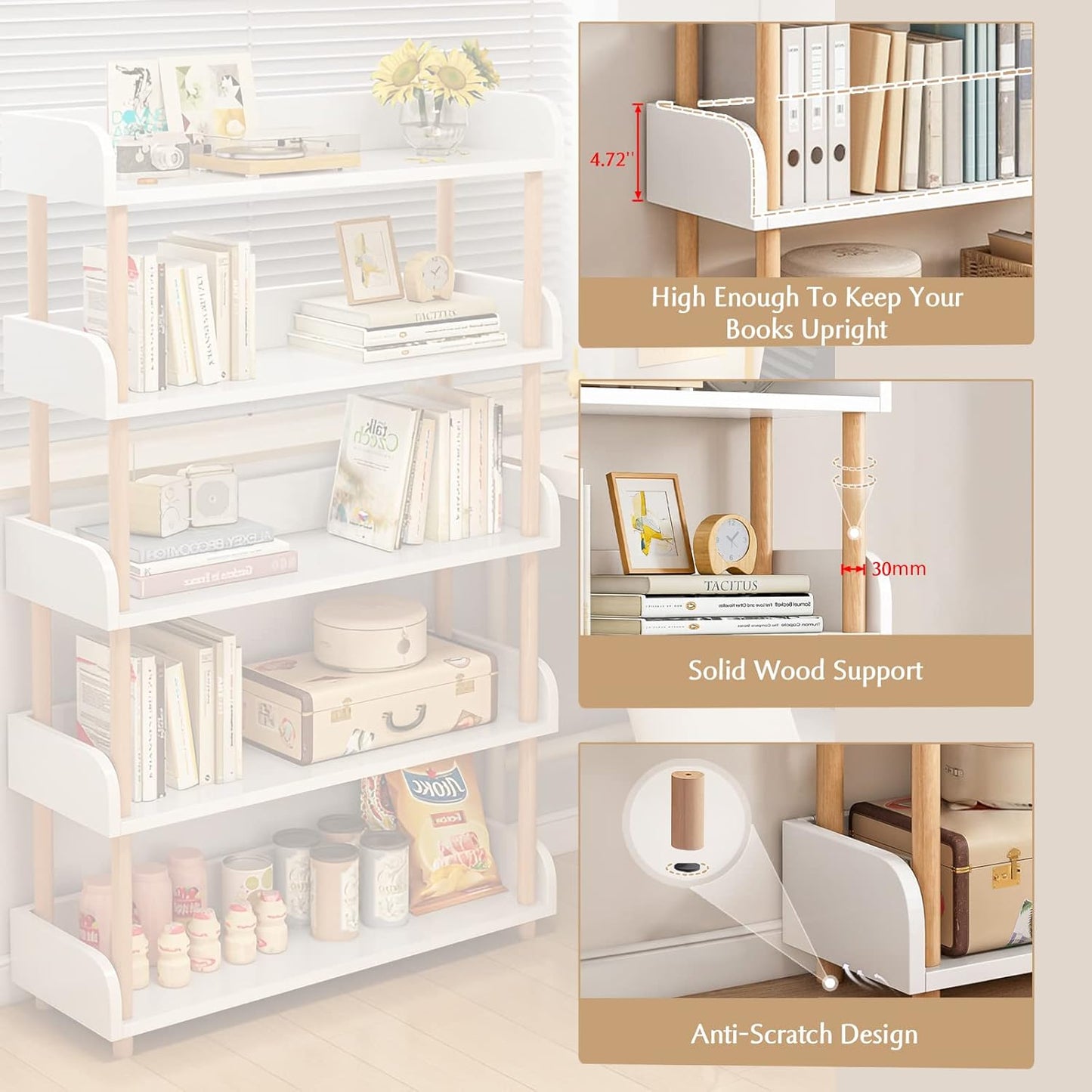 5-Tier Wooden Open Bookcase - Modern Display Bookshelf with Side Panels and Solid Wood Frame for Home and Office, Shelf Unit in Warm White