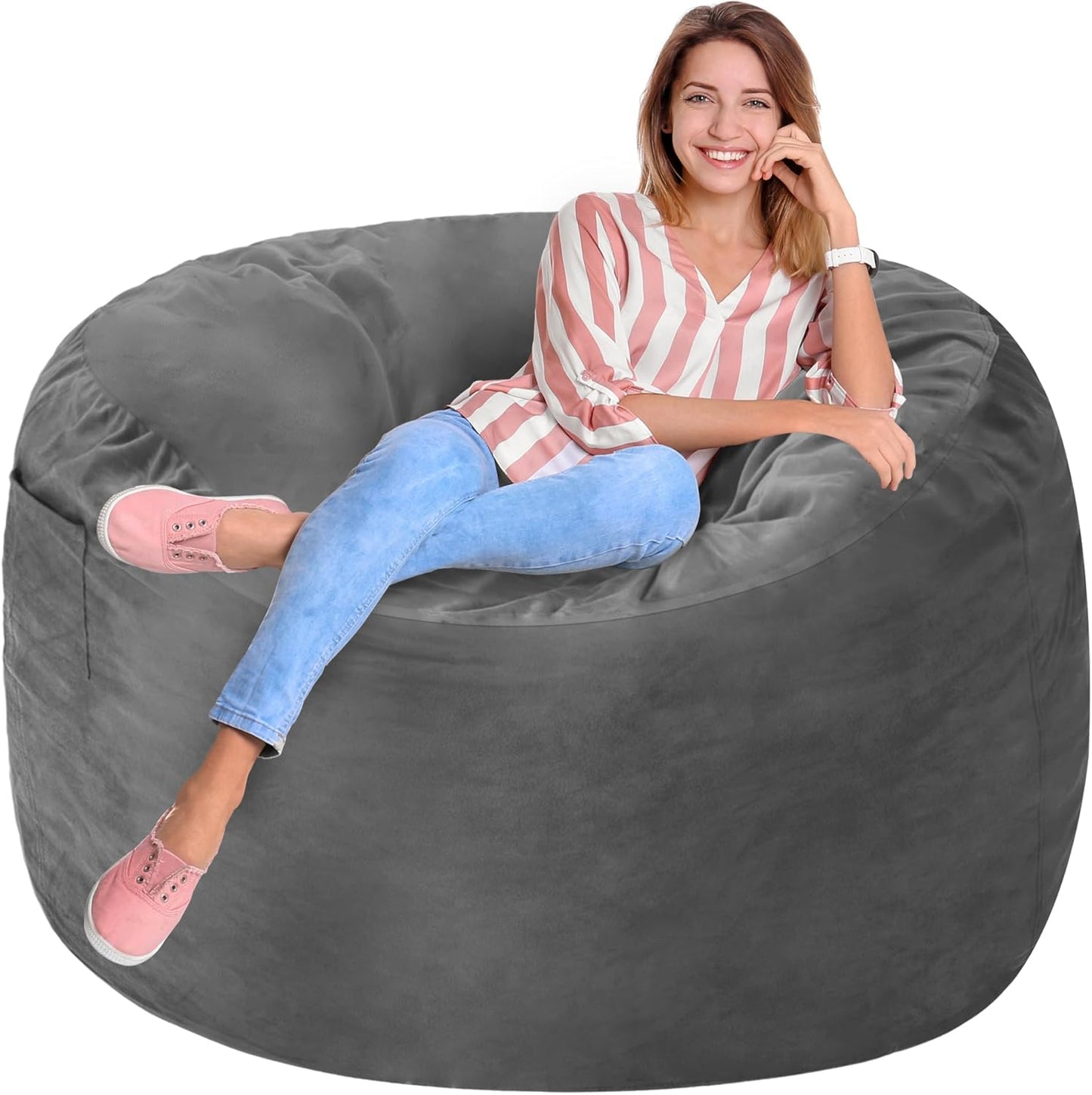 Homguava 3FT Bean Bag Chair: 3' Bean Bags with Memory Foam Filled, Large Beanbag Chairs Soft Sofa with Dutch Velvet Cover-Grey
