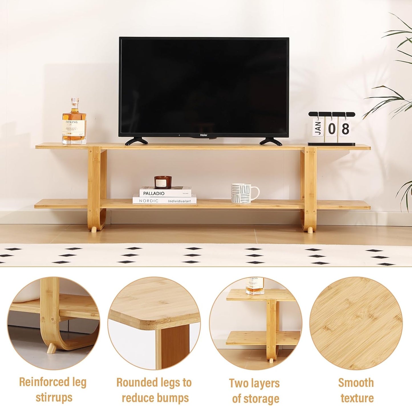 Tiita Bamboo TV Stand for 55 Inch TV, Entertainment Center with 2 Open Shelf, Mid Century Modern Media Console for Living Room, Bedroom, Wood