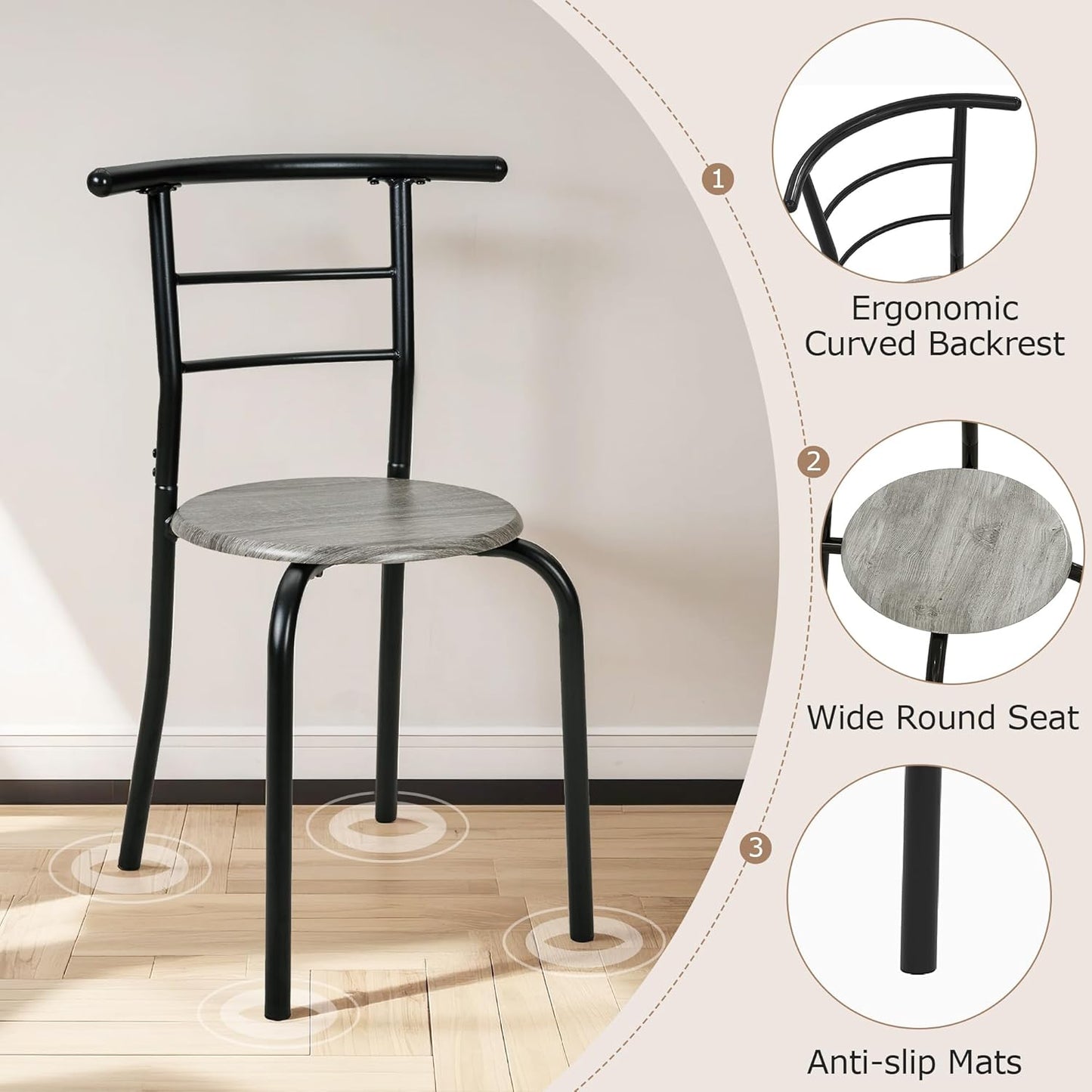 VECELO Dining Table Set for 2, 3-Piece Modern Dinette with Chairs for Small Space, Kitchen, Breakfast Nook, Rustic Grey