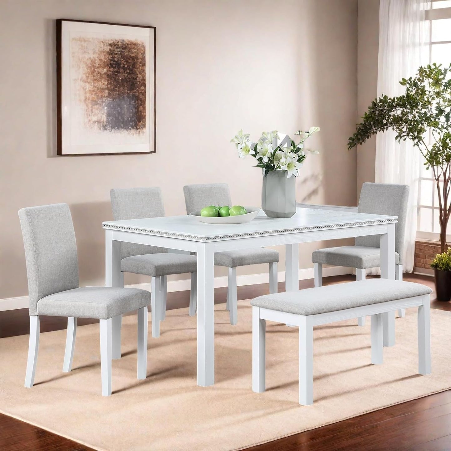 Dining Table Set for 5, 6 Piece Dining Room Table Set with Rectangular Crystal Decoration Table, 4 Upholstered Backrest Chairs and Bench, Counter Height Kitchen Sets with MDF Tabletop, White