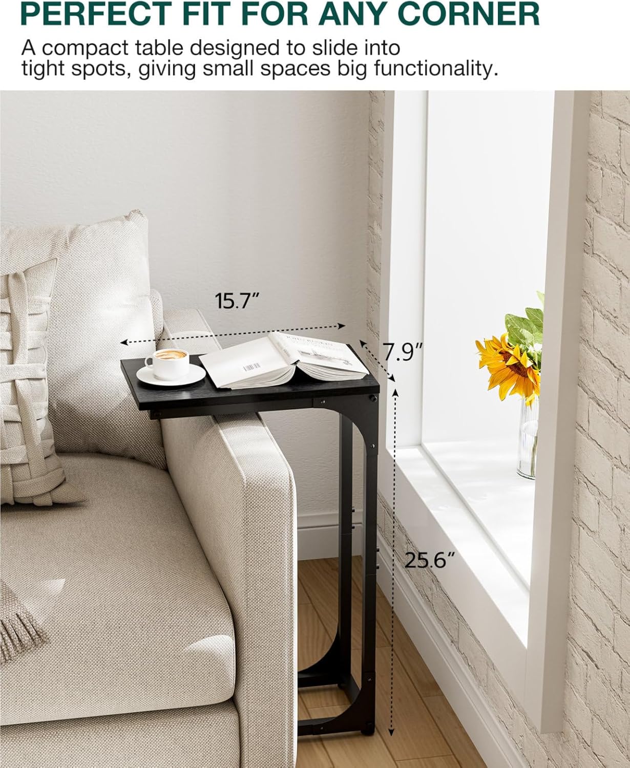 C-Shaped Side Table for Couch - Small Coffee Stand Sofa Tray Desk with Sturdy Metal Frame and Waterproof Scratch Resistant Wood Surface, Modern End Accent for Living Room, Bedroom, Black