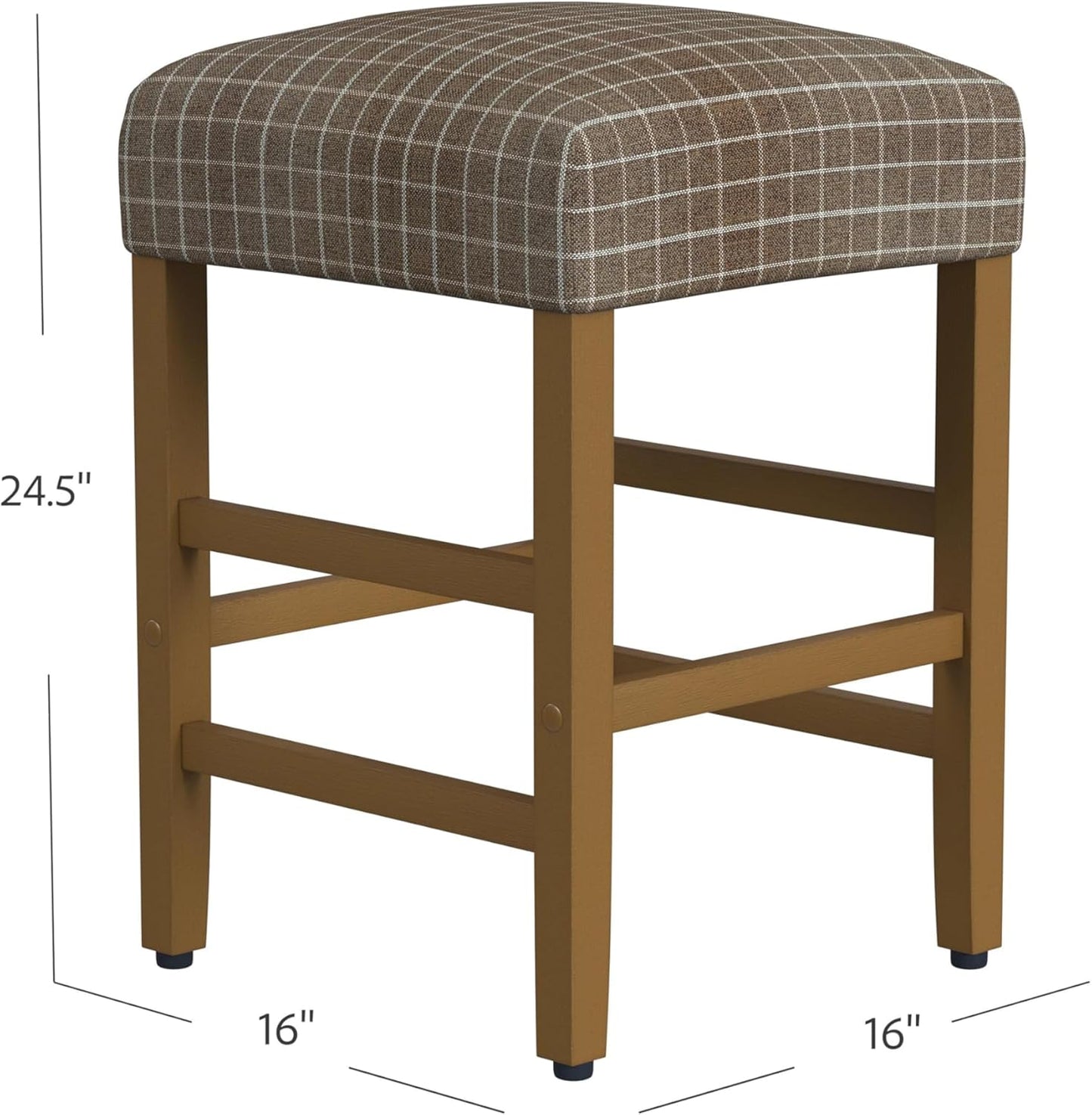 HomePop Home Decor |Classic Open-Back Counter Height Barstool| Square 24 Inch Bar Stools with Domed Cushion, Brown Window Pane Print
