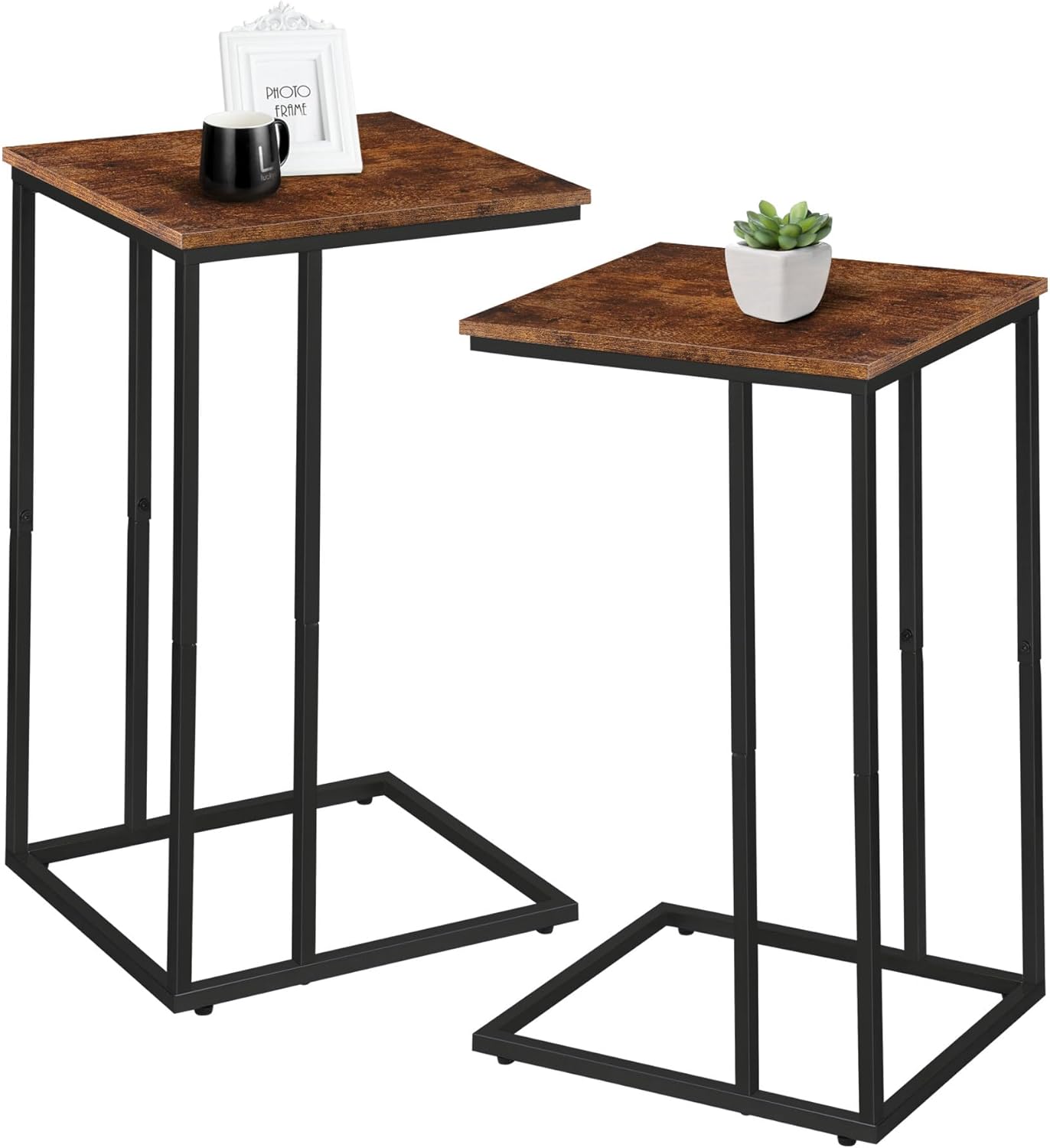 C Shaped Side Table Set of 2, Skinny Sofa Table for Sofa and Bed, Couch Tables That Slide Under, Small End Tables for Living Room, Bedroom or Small Spaces, Rustic Brown