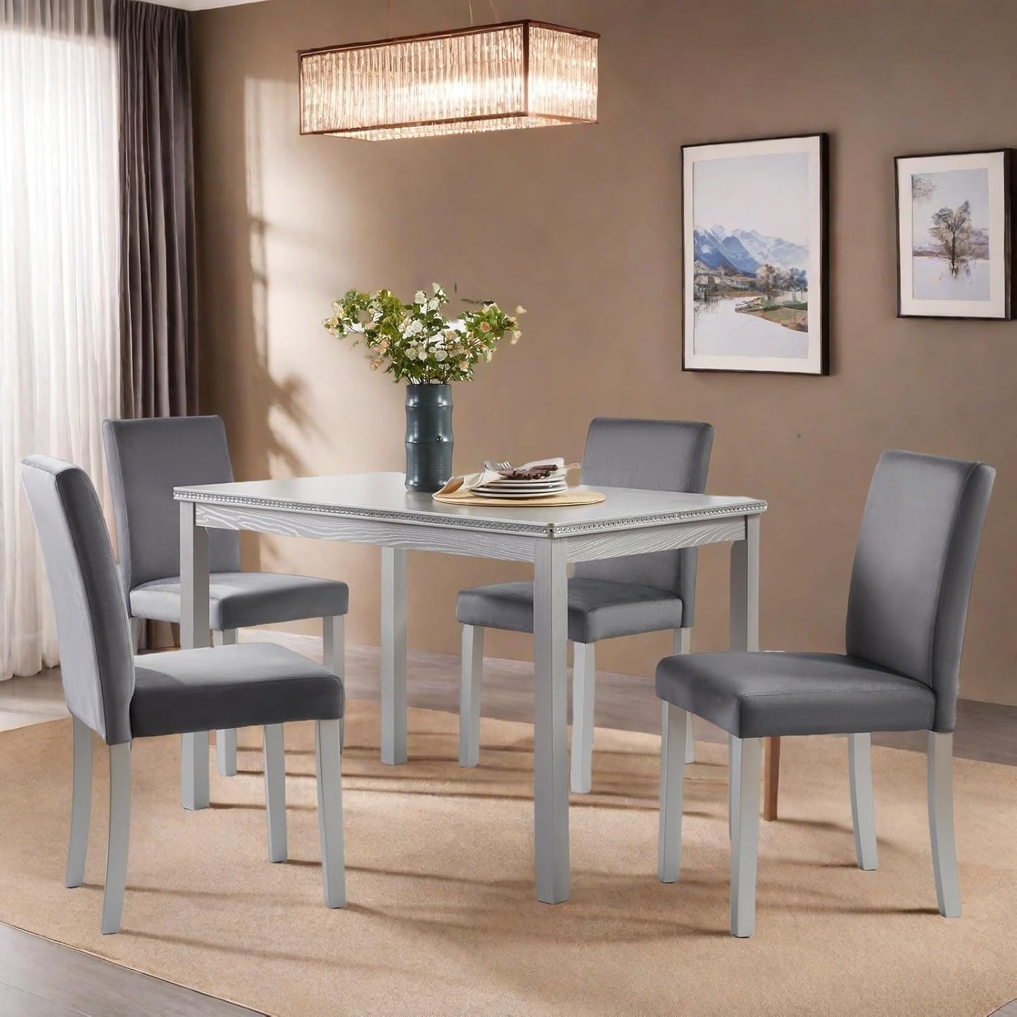 Dining Table Set for 4, 5-Piece Dining Room Table Set with Rectangular Crystal Decoration Table & 4 Upholstered Backrest Chairs, Counter Height Kitchen Sets with MDF Tabletop, Grey