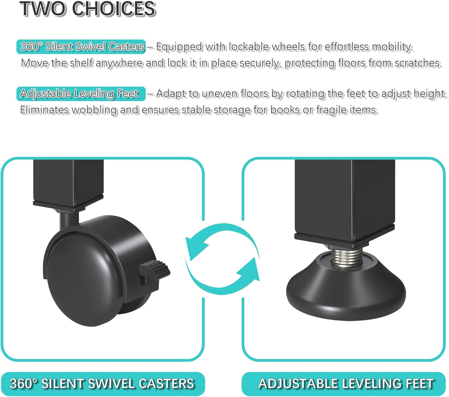 4NM 2 Tiers No-Assembly Folding Bookshelf with Wheels, Portable Rolling Storage Foldable Bookcase & Compact Side Table for Living Room, Bedroom, Kitchen, Bathroom (All White)