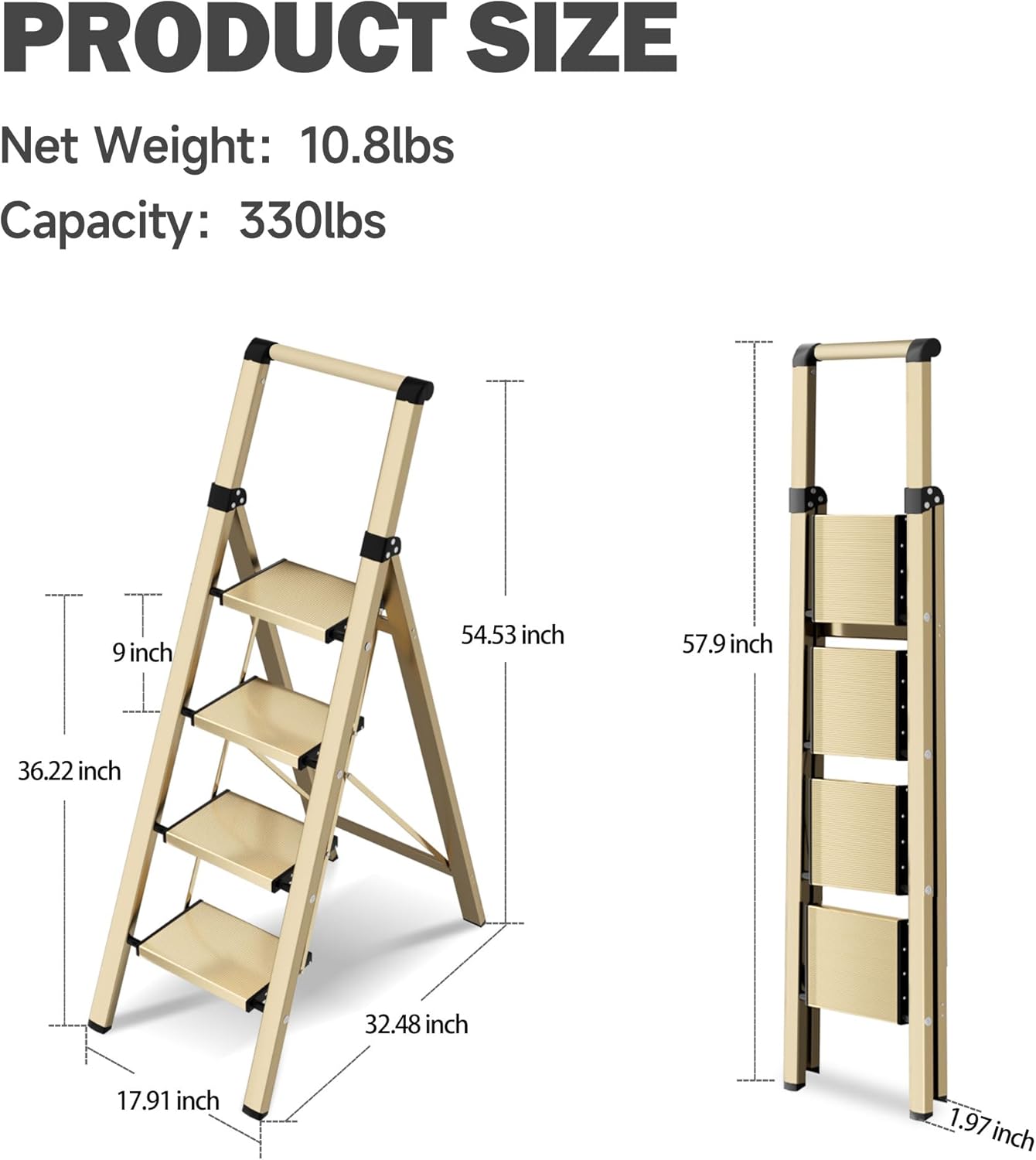 4 Step Ladder, Lightweight Folding Step Stool with Anti-Slip Aluminum Wide Pedal& Convenient Handgrip, 330lbs Capacity Steel Ladder for Household and Office (Gold)