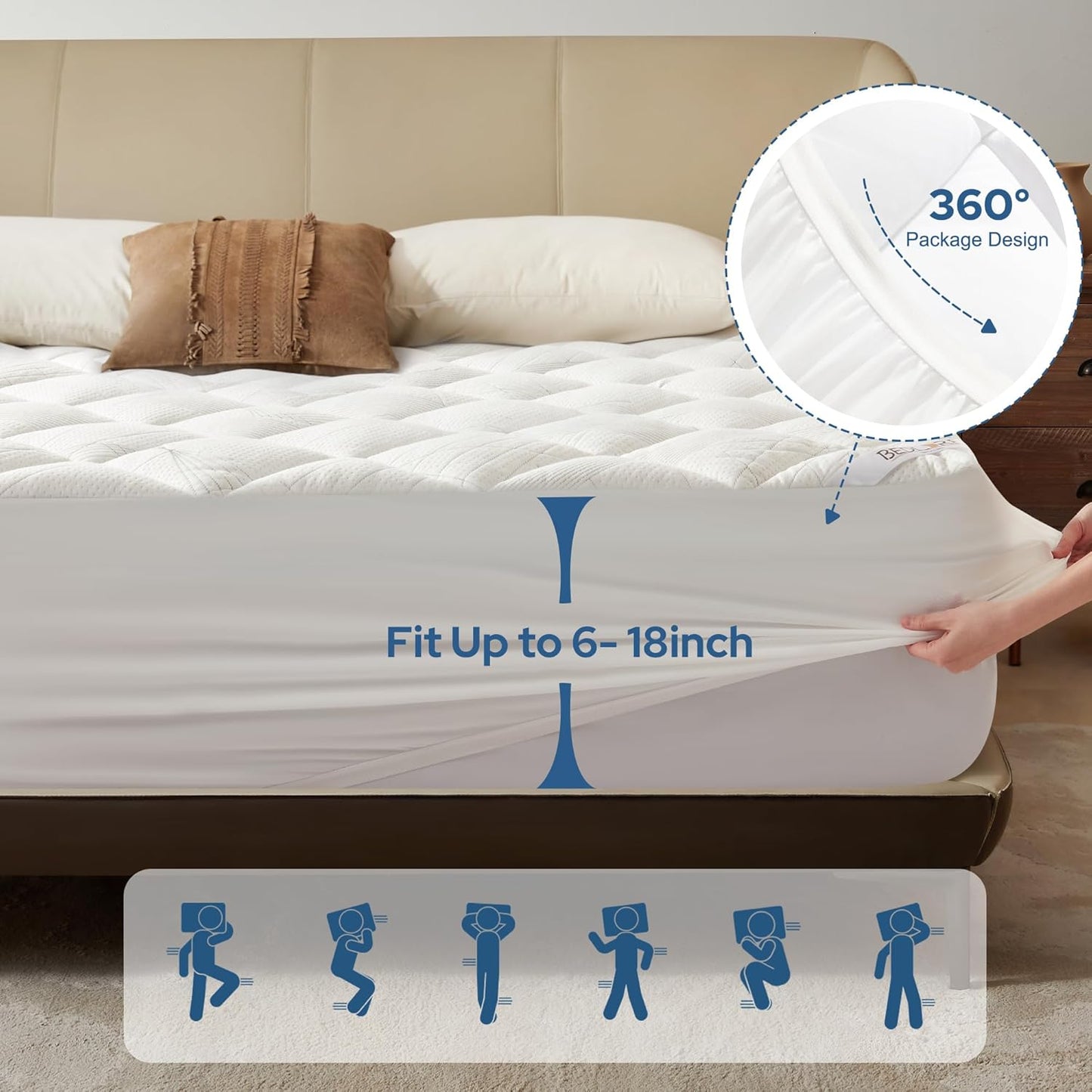 BEDLORE Queen Mattress Topper, Viscose Made from Bamboo Soft Pillow Top Mattress Pad, Thick Mattress Cover for Back Pain Relief with 6-18 inches Deep Pocket