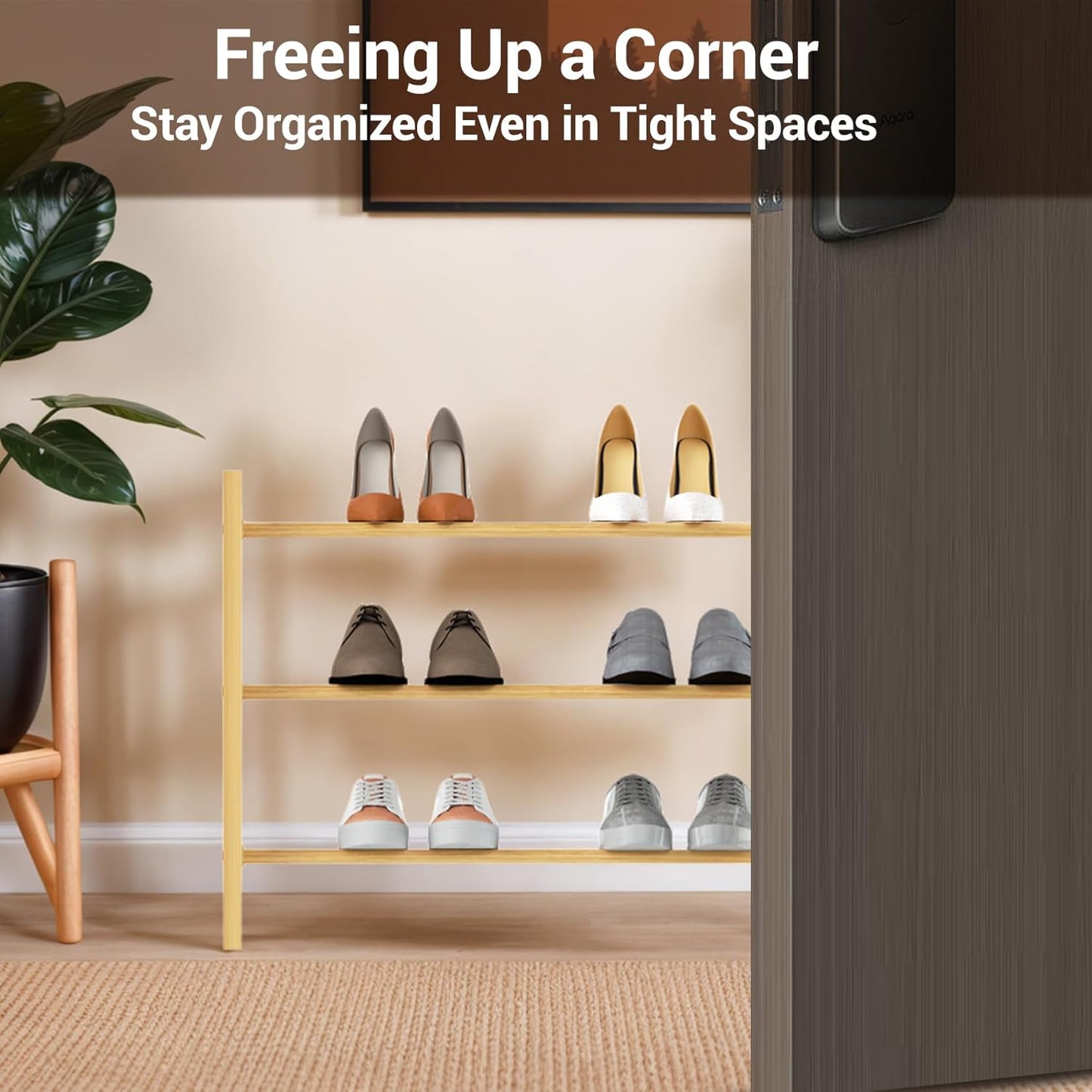 Haddockway Bamboo Shoe Rack for Closet, Free Standing Shoe Organizer with Smooth Round Rods & Convenient Handles, Stackable Shoe Storage Shelf for Entryway, Hallway(Natural, 3-Tier(Small))