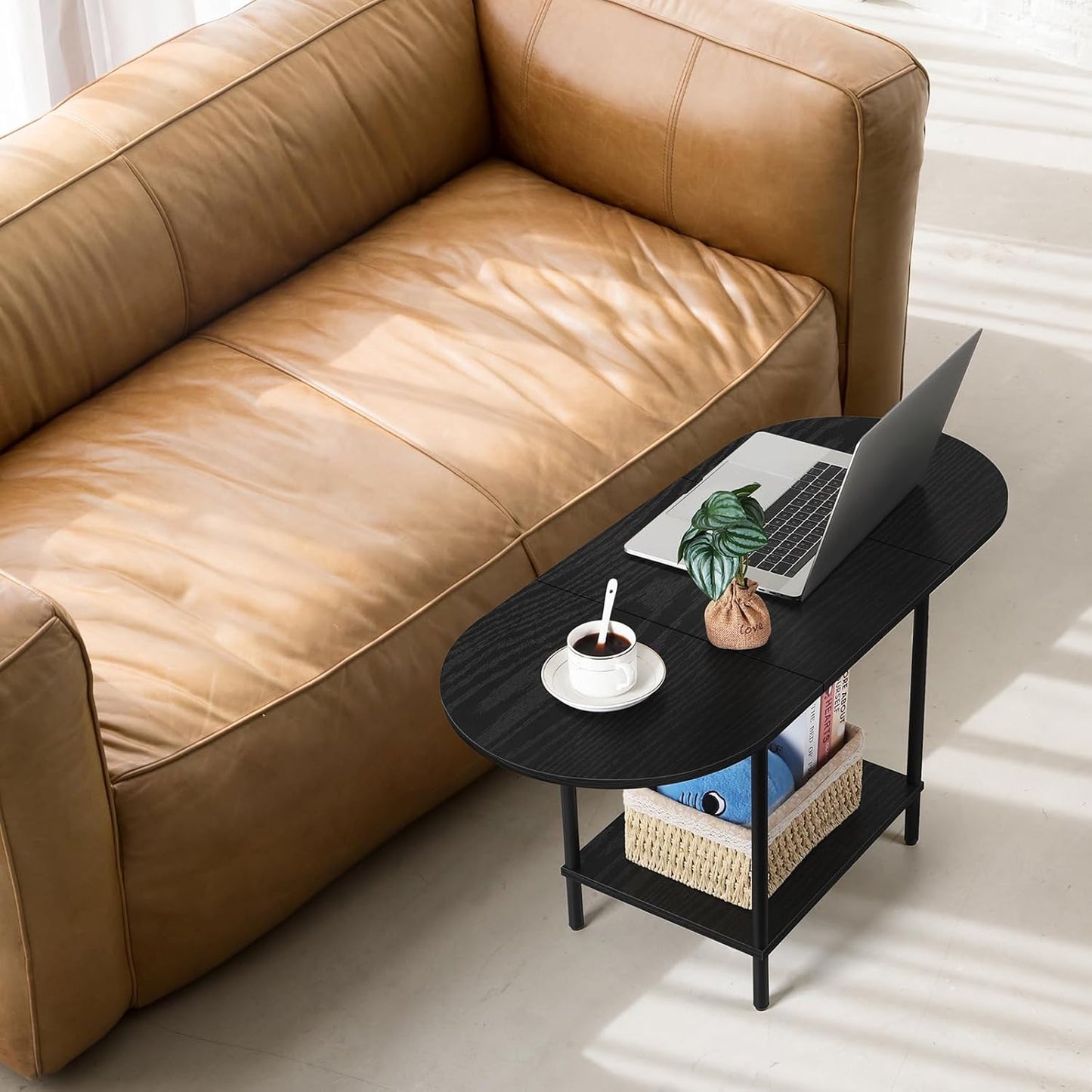 Black Coffee Table for Living Room, 2-Tier Small Oval Center Table, Mid Century Farmhouse Round Tea Table with Storage Shelf for Small Space, Home Office, Living Room