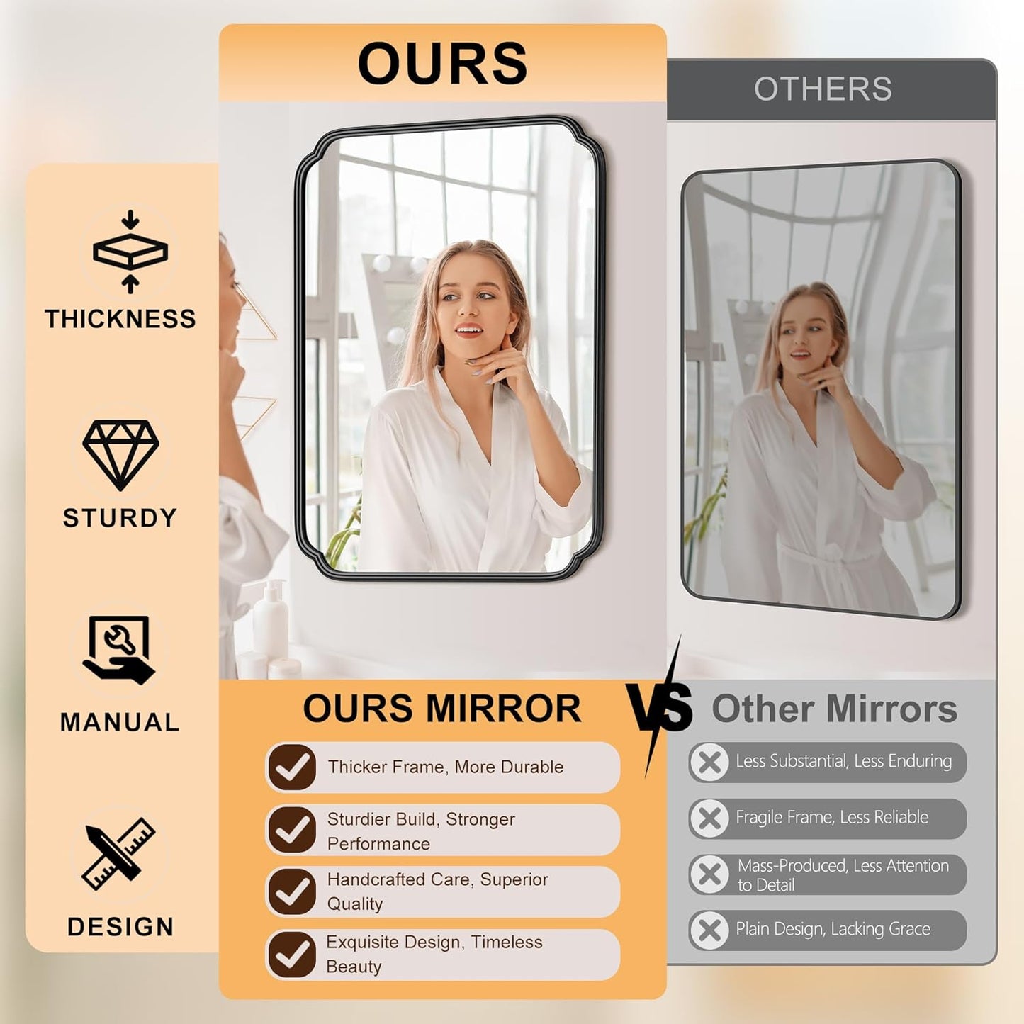 28"x36" Black Bathroom Mirror with Rustproof Metal Frame, Modern Rounded Corner Wall Mirror for Vanity Over Sink, Horizontal/Vertical Hanging