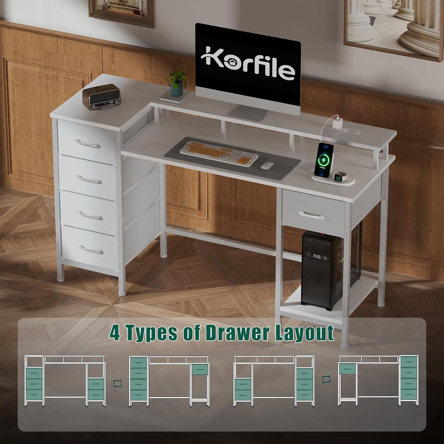 47 Inch Computer Gaming Desk with Power Outlets & LED Lights Reversible Home Office Desk with Adjustable 5 Fabric Storage Drawers for Working Writing Study, White Oak