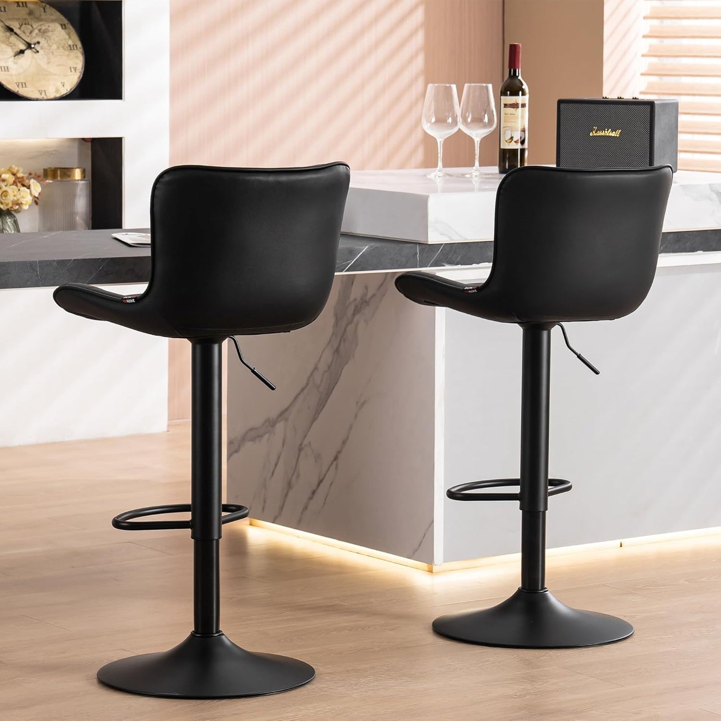 YOUNUOKE Bar Stools Set of 2 Black Barstools Adjustable Counter Height Stools 24 inch Swivel Modern Bar Stool with Back for Kitchen Island