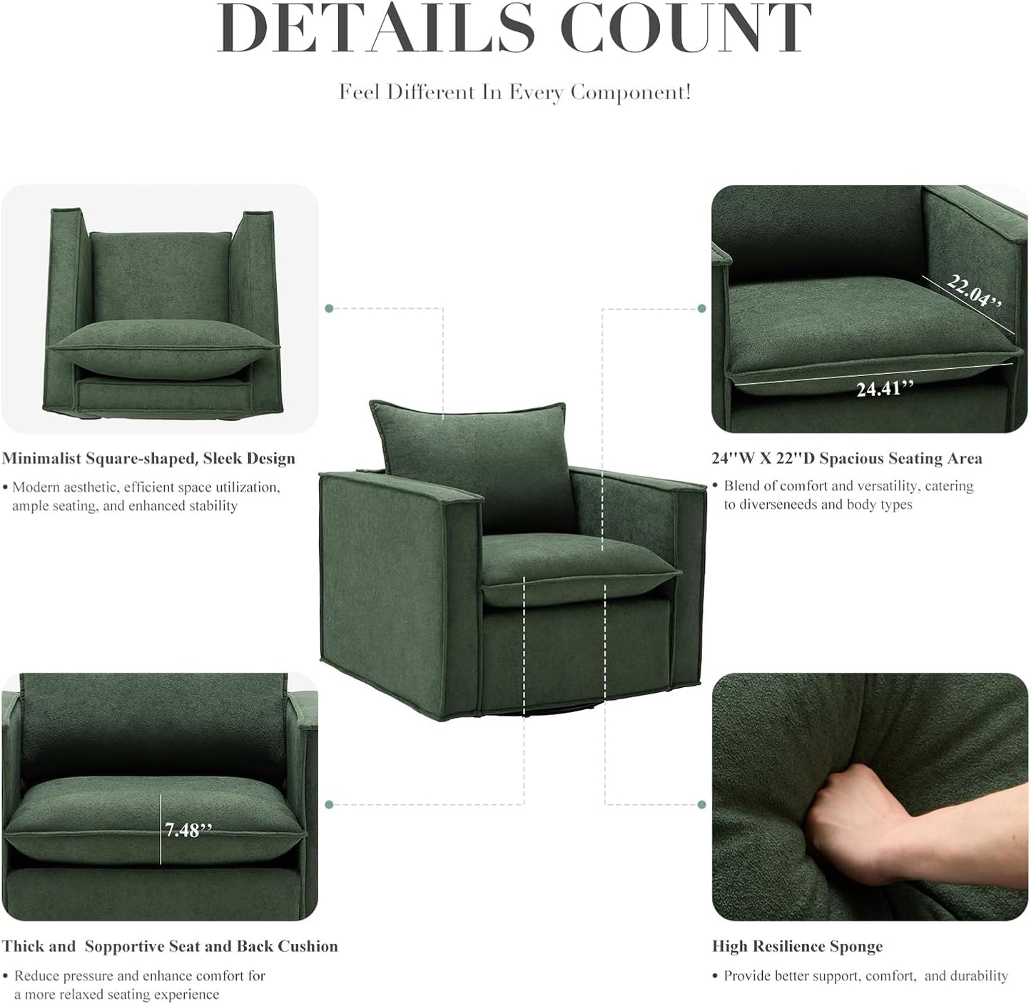 COLAMY Swivel Accent Chair, 34 Inches Wide Upholstered Arm Chair with Plump Back Pillow, Modern Sofa Living Room Chair for Bedroom, Corner, Reading Nook-Green