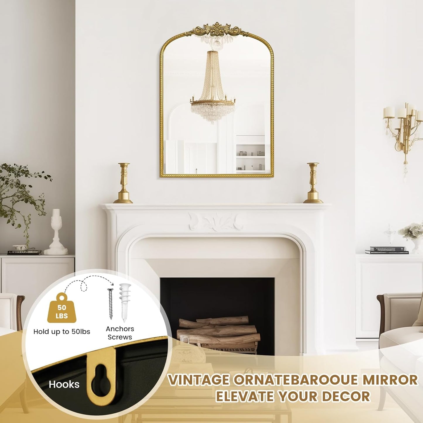 WallBeyond Gold Vintage Mirror - 22x30 Inch, Arched Antique Mirror with Ornate Frame for Bathroom, Living Room, Fireplace, Entryway