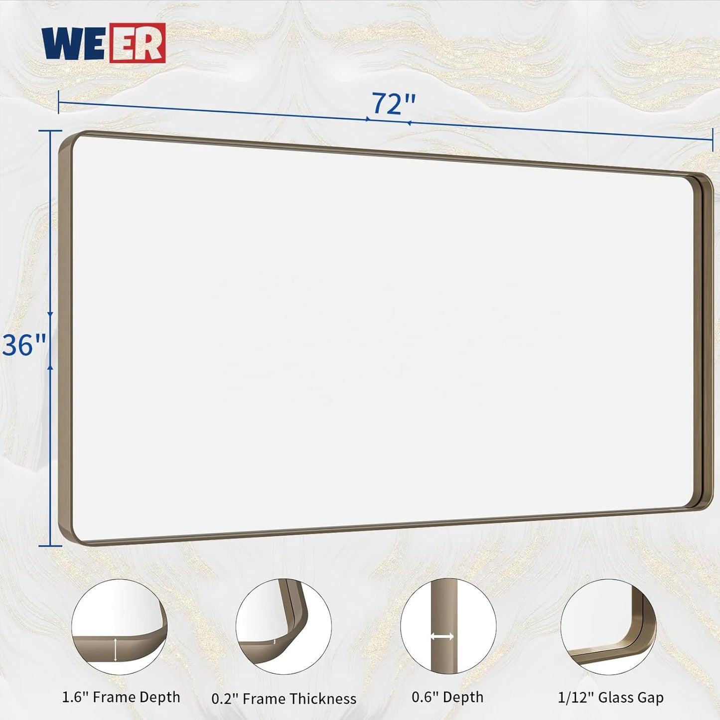 WEER 72x36 Inch Bronze Bathroom Mirror for Vanity, Brushed Bronze Metal Frame Mirror for Wall, Rounded Rectangle Bronze Frame Mirror with Tempered Glass, Anti-Rust (Horizontal/Vertical)